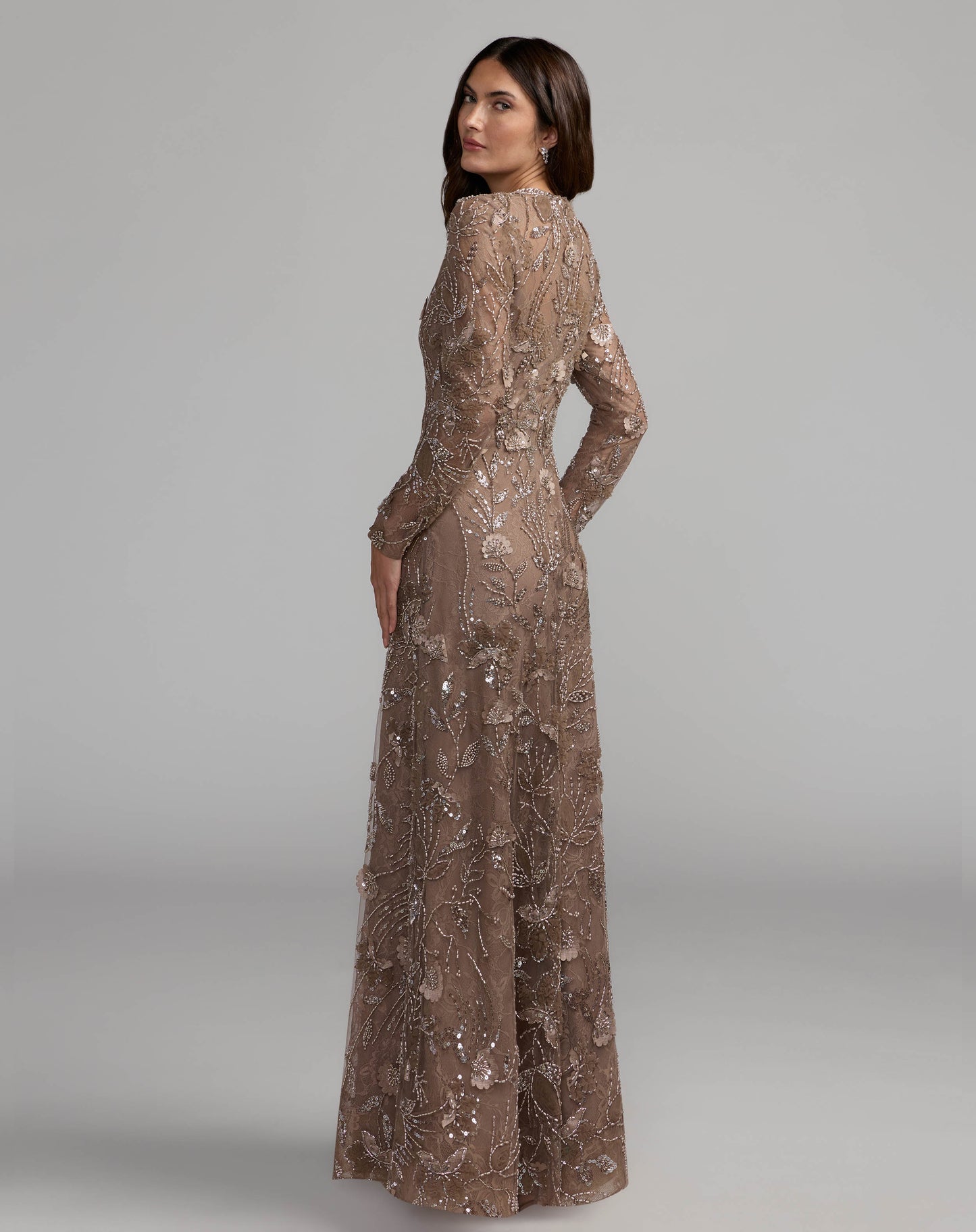 Brown Embellished Floral Lace Gown Mac Duggal