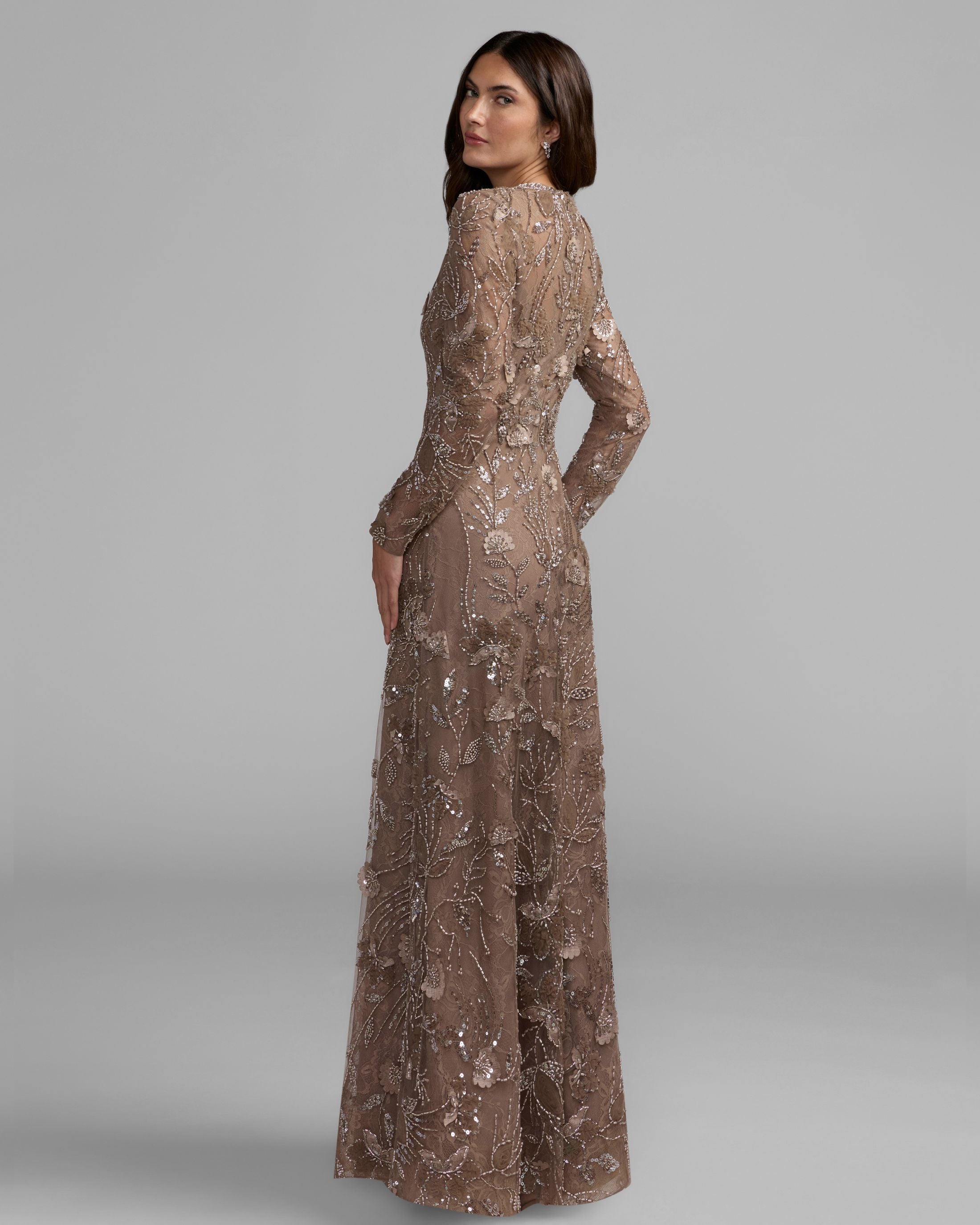 Brown Embellished Floral Lace Gown Mac Duggal