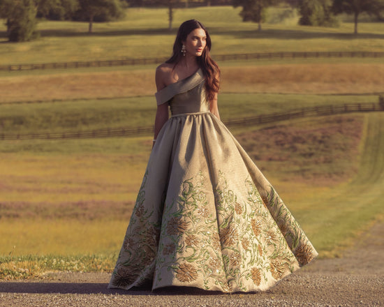 Embroidered Applique Wrap Over Flutter Sleeve Gown