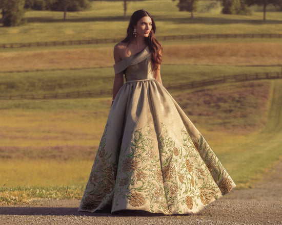 Blue Embroidered Applique Wrap Over Flutter Sleeve Gown