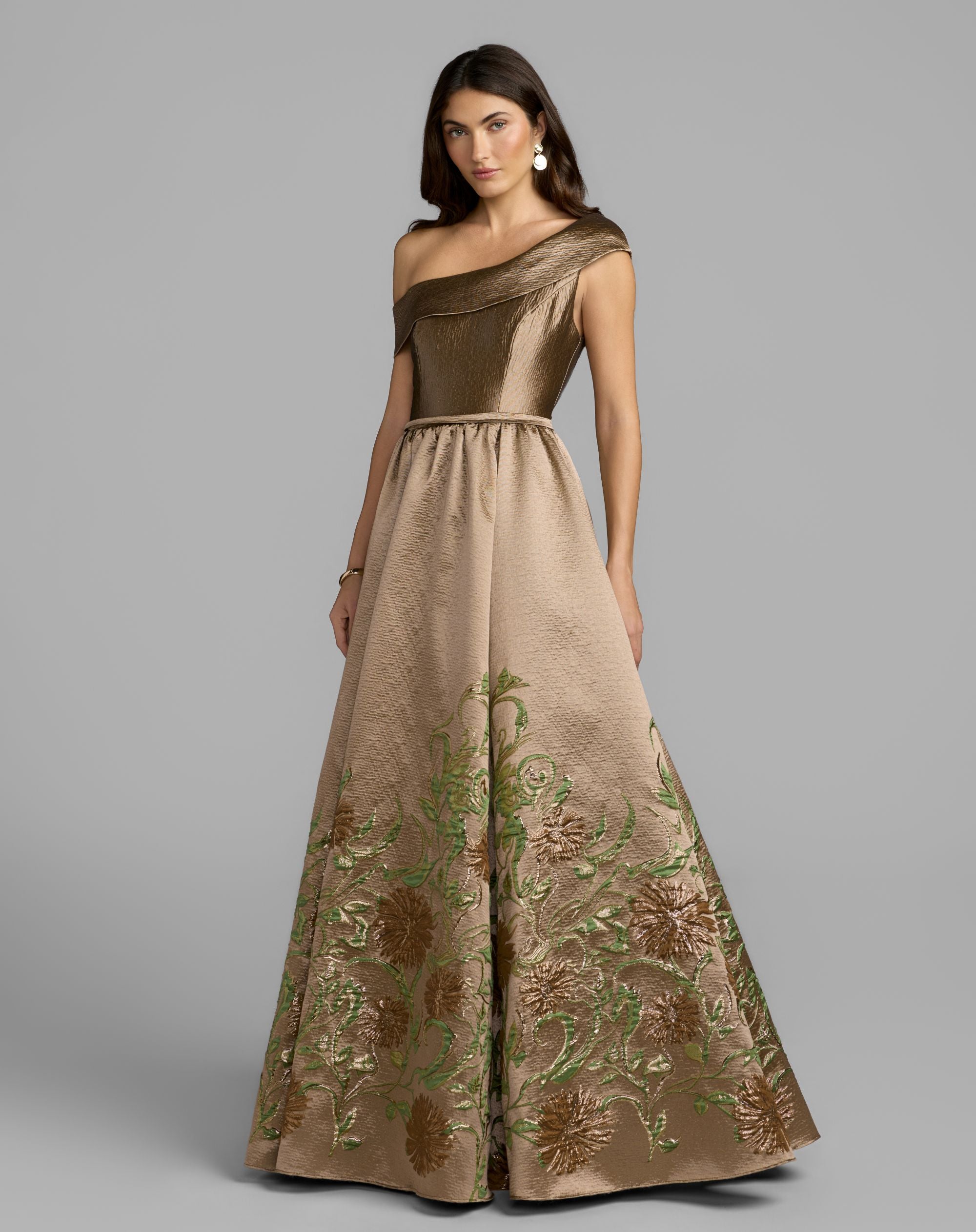 Beige Floral Off The Shoulder Ballgown - Mac Duggal