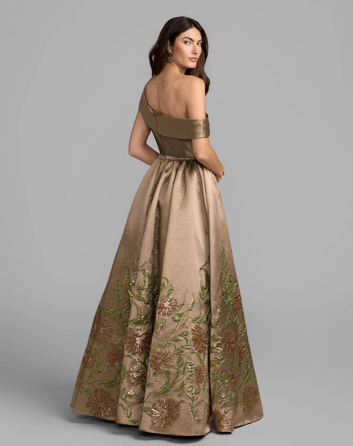 Beige Floral Off The Shoulder Ballgown - Mac Duggal