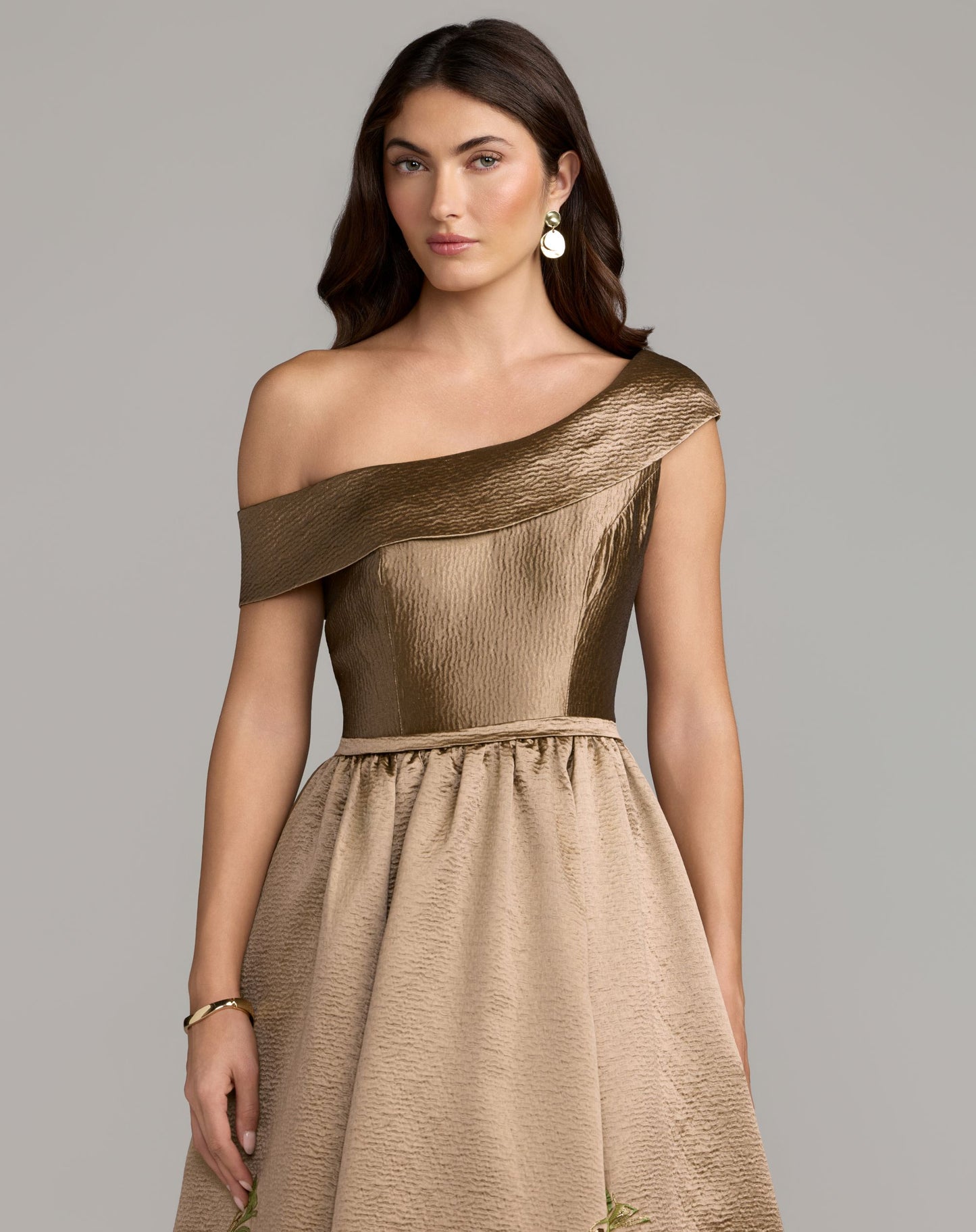 Beige Floral Off The Shoulder Ballgown - Mac Duggal