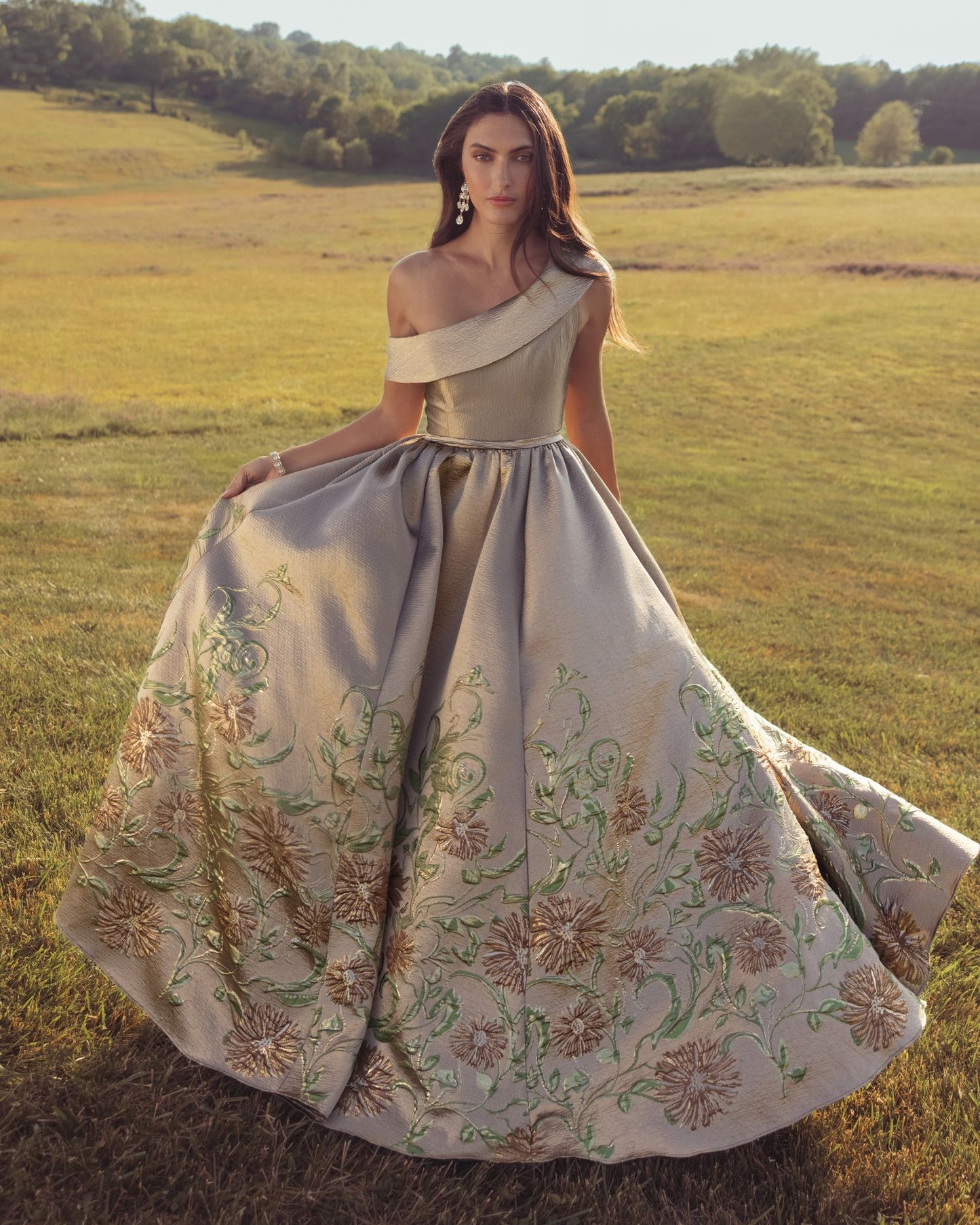 Beige Floral Off The Shoulder Ballgown - Mac Duggal