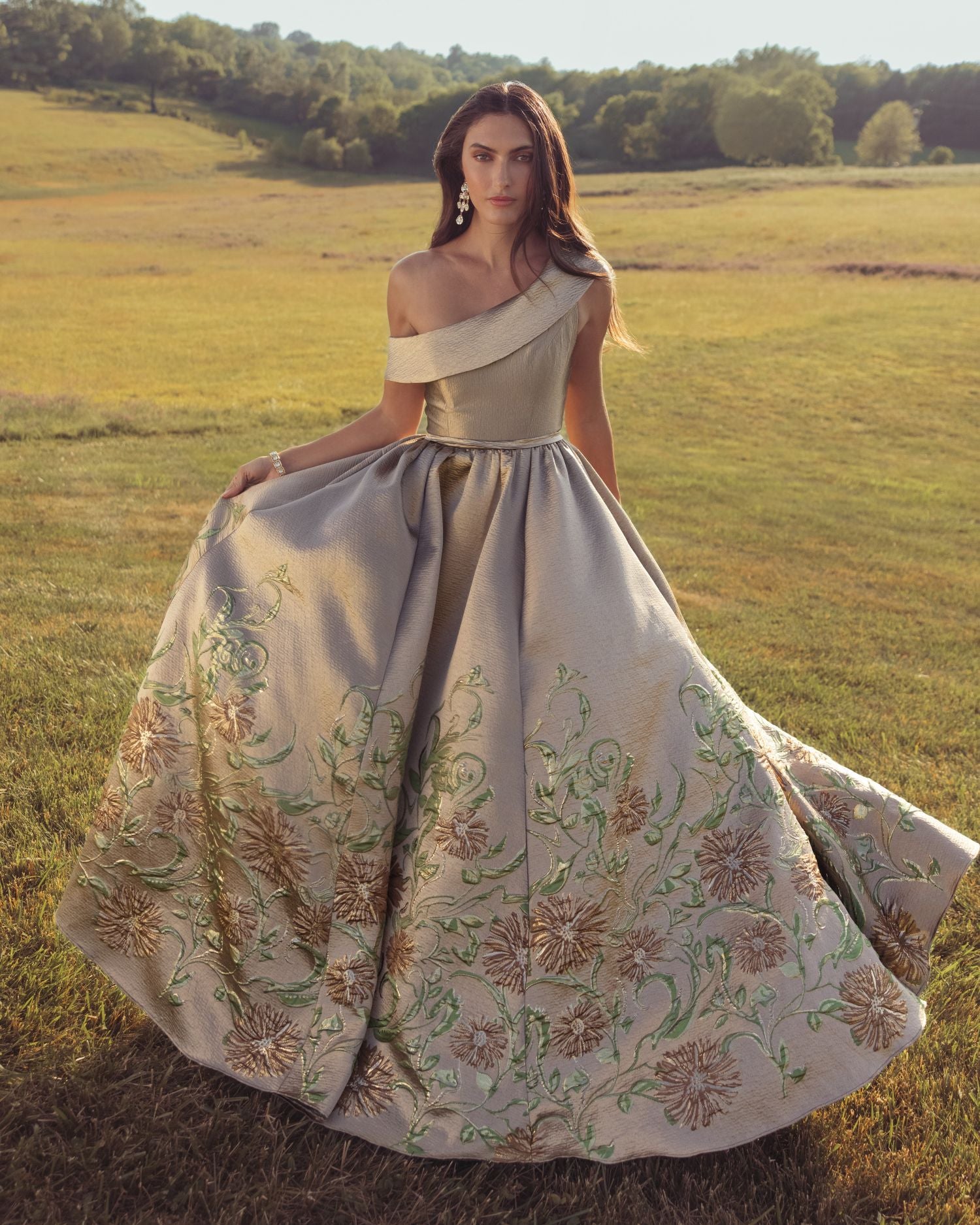 Beige Floral Off The Shoulder Ballgown - Mac Duggal