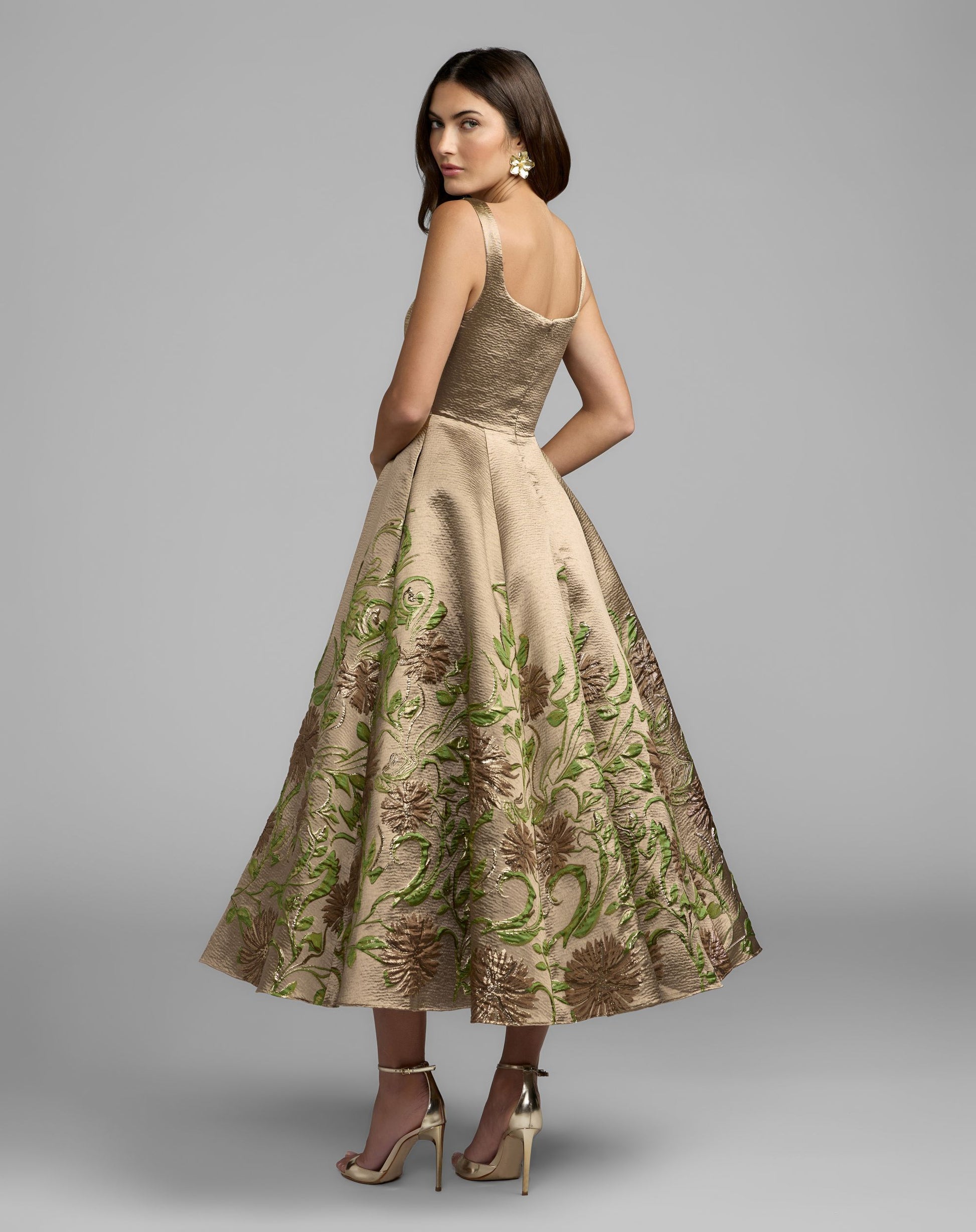 Gold Floral Brocade A-Line Midi Dress - Mac Duggal