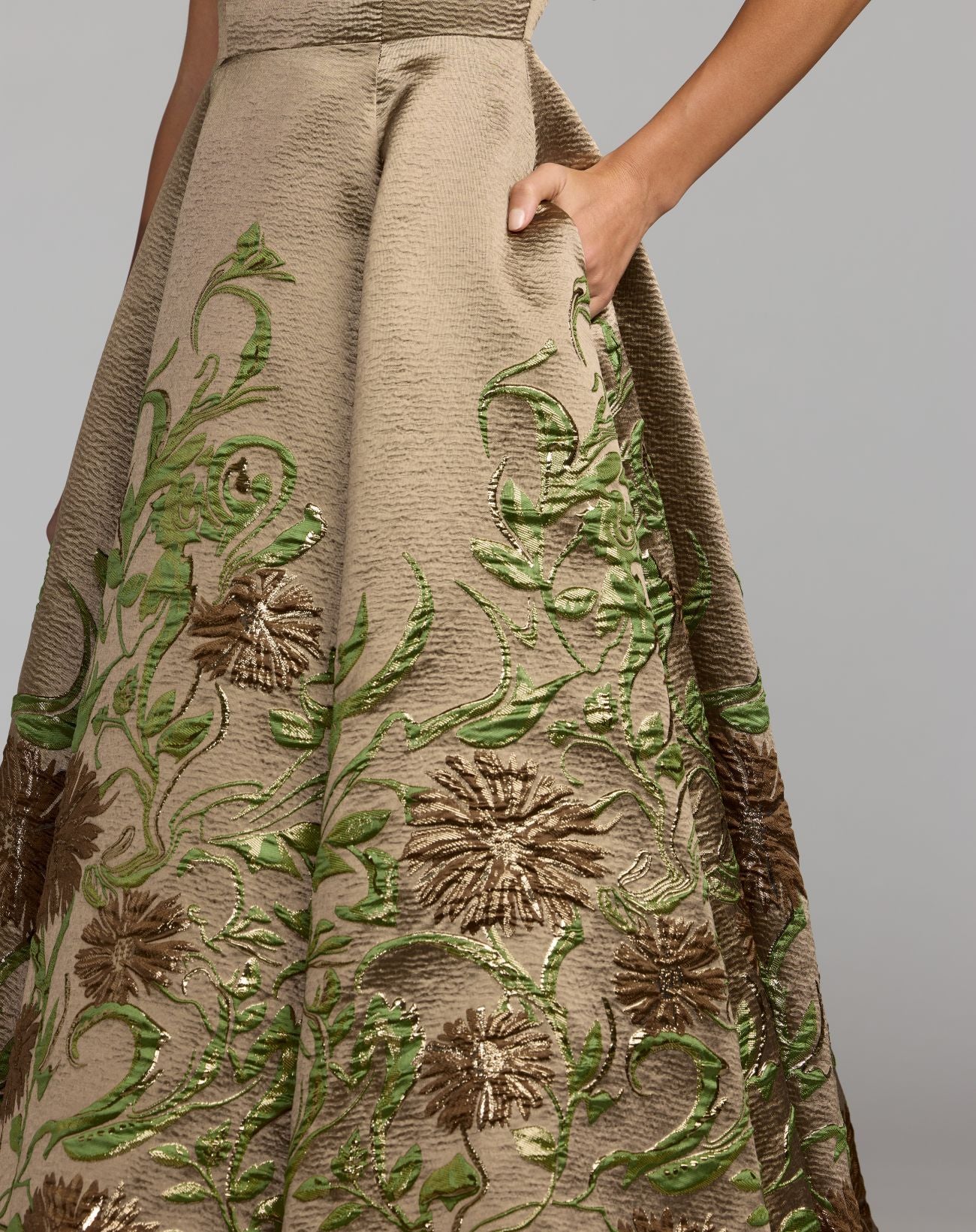 Gold Floral Brocade A-Line Midi Dress - Mac Duggal