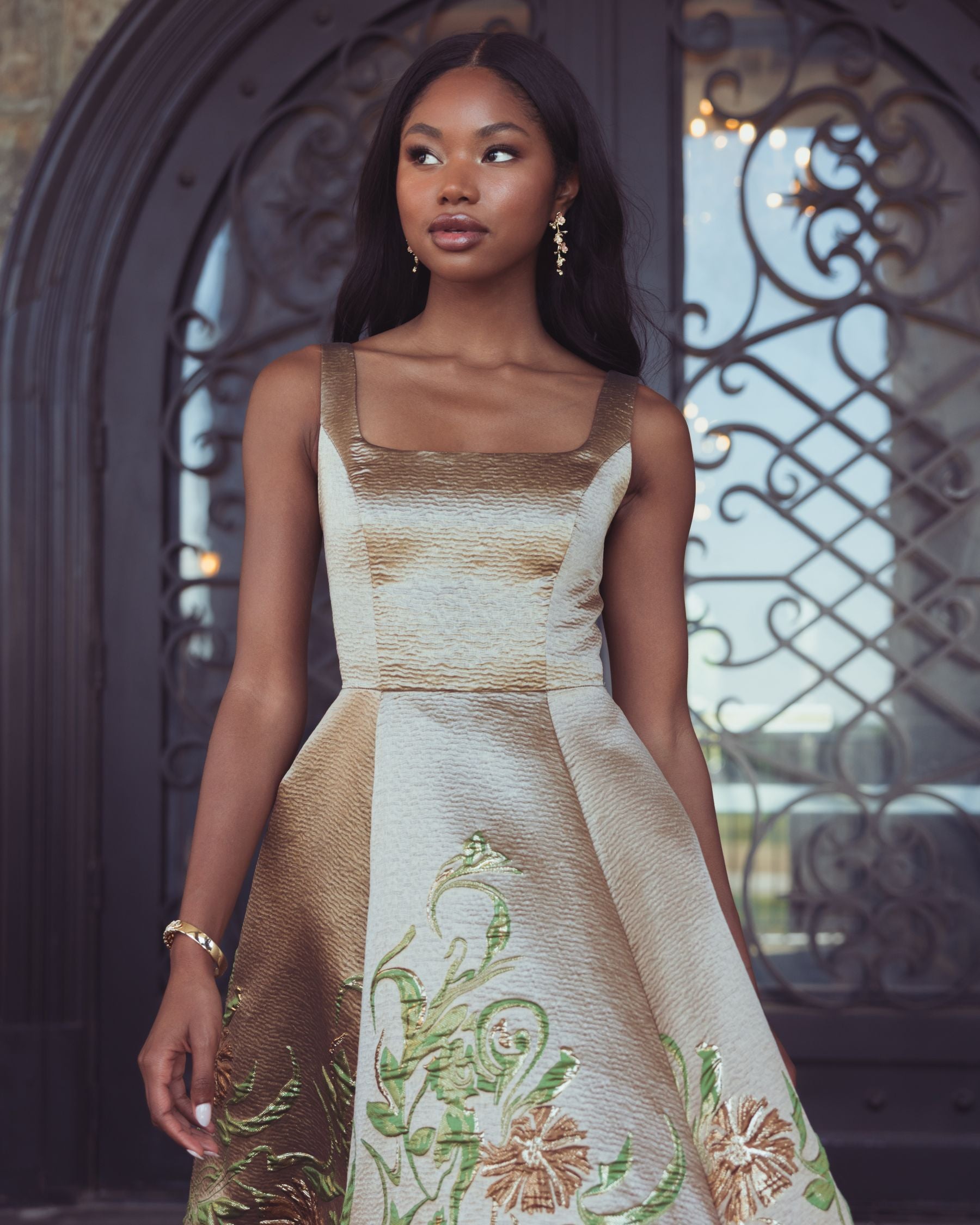 gold a line dress Mac Duggal Floral Brocade Midi Dress, Gold, Women's, 2 Long Sleeve Modest Wedding making this dress a Primary color:Custom INFL Brinkley