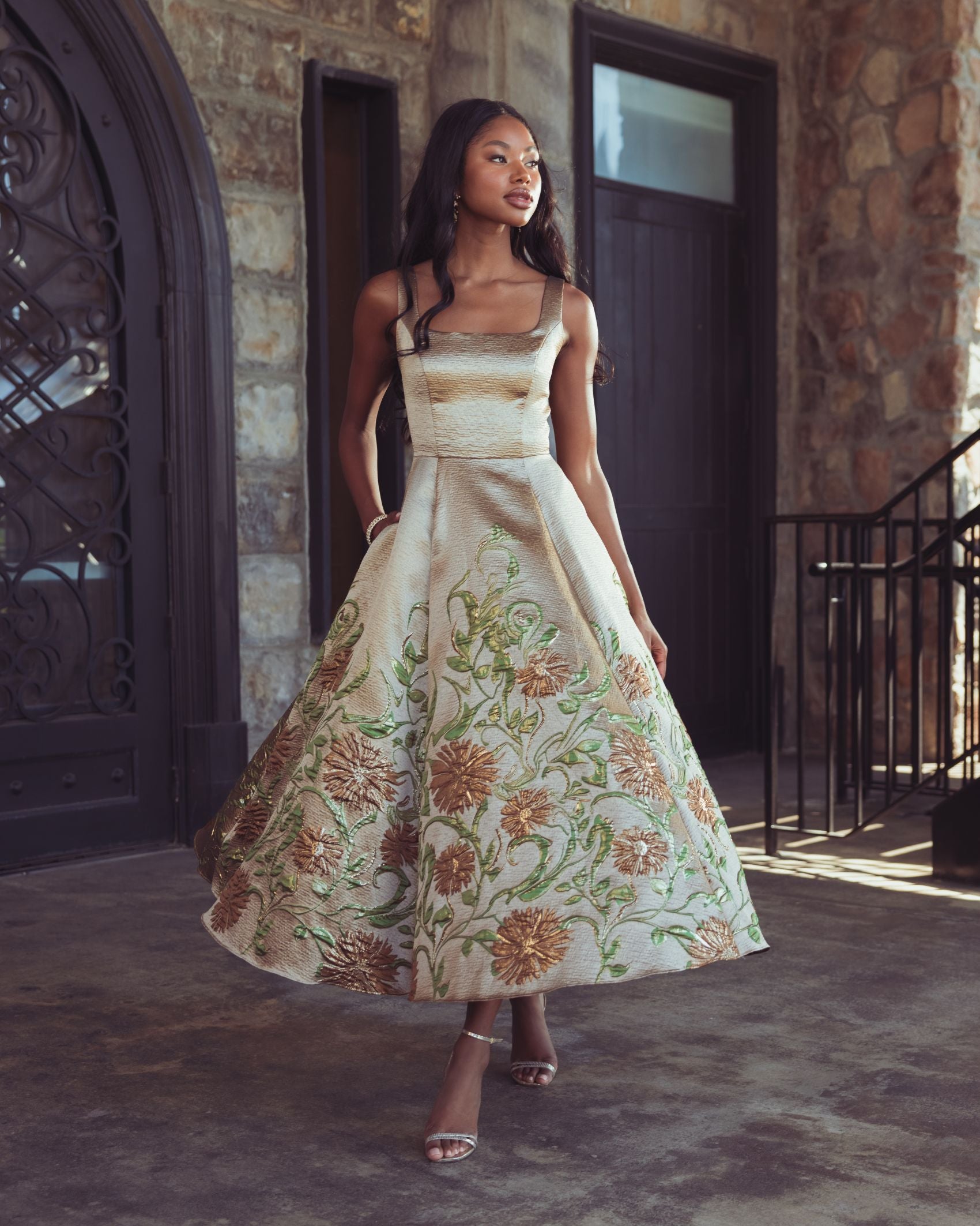 Gold Floral Brocade A-Line Midi Dress