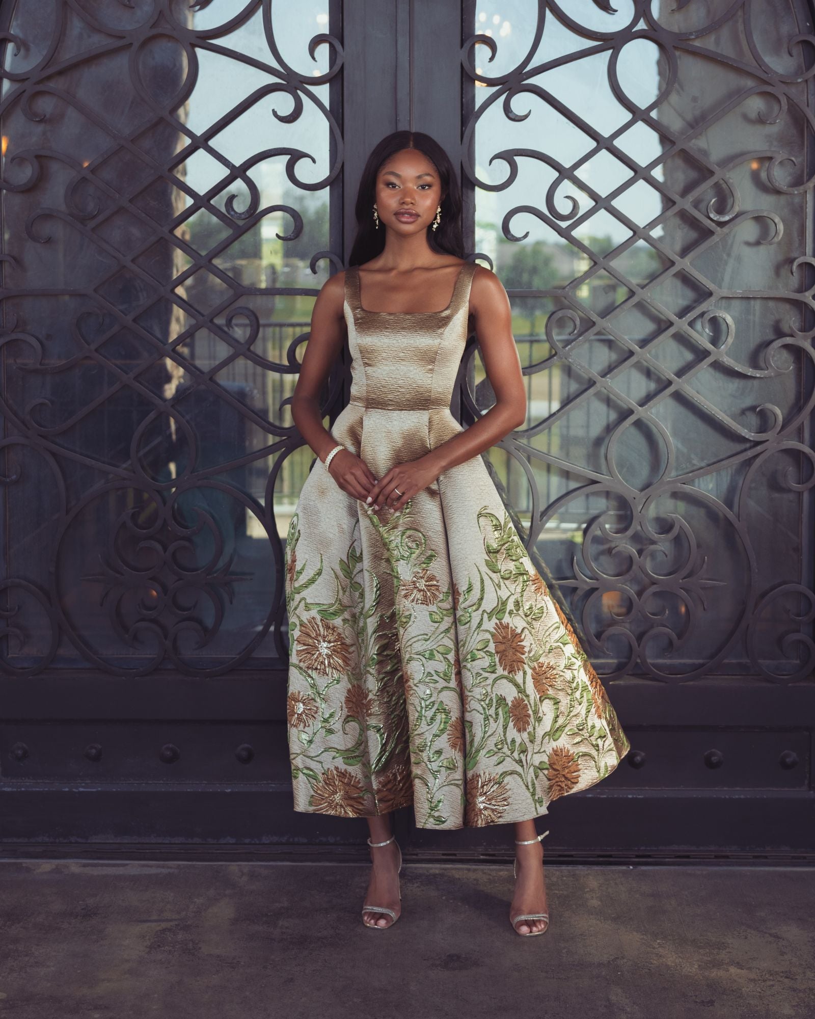 Gold Floral Brocade A-Line Midi Dress