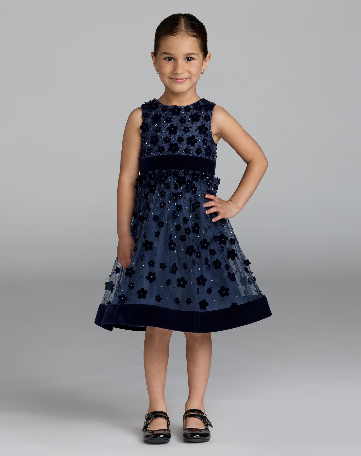 Girls Blue Embellished Floral A-Line Dress - Mac Duggal