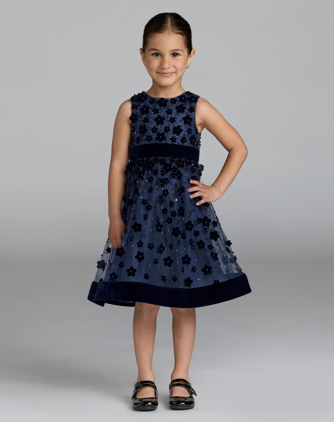 Girls Blue Embellished Floral A-Line Dress - Mac Duggal