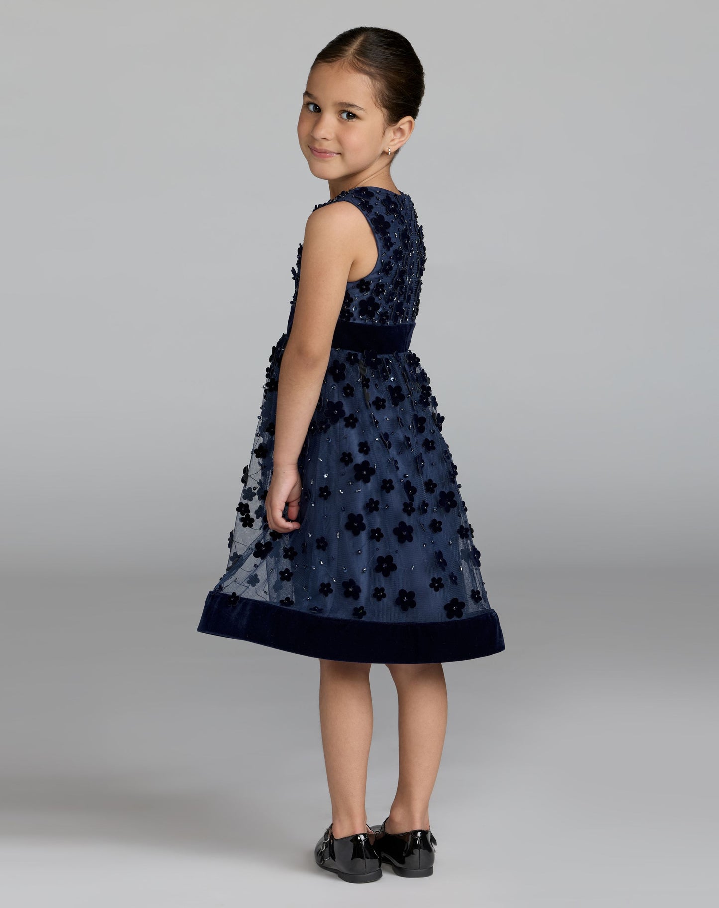 Girls Blue Embellished Floral A-Line Dress - Mac Duggal
