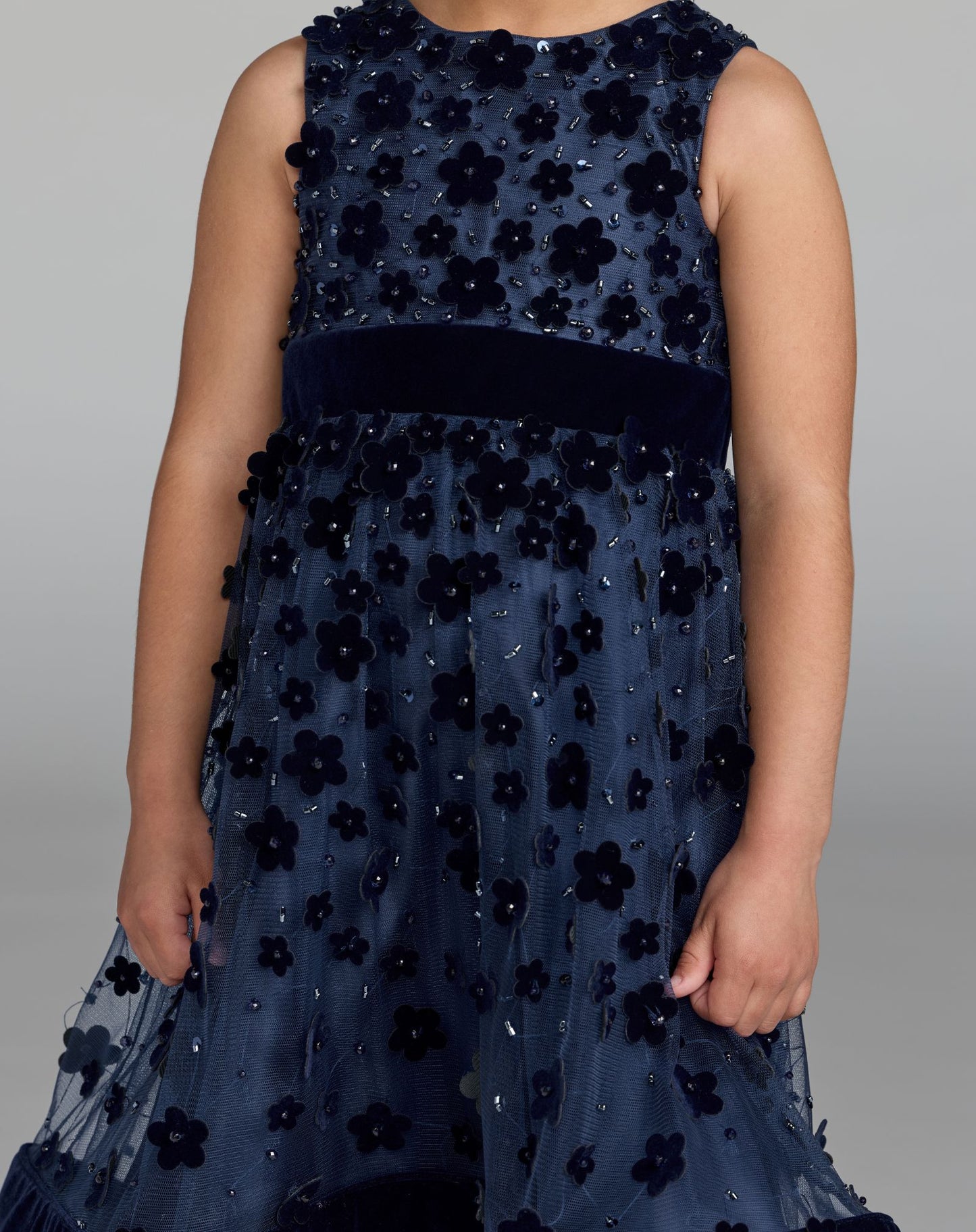 Girls Blue Embellished Floral A-Line Dress - Mac Duggal