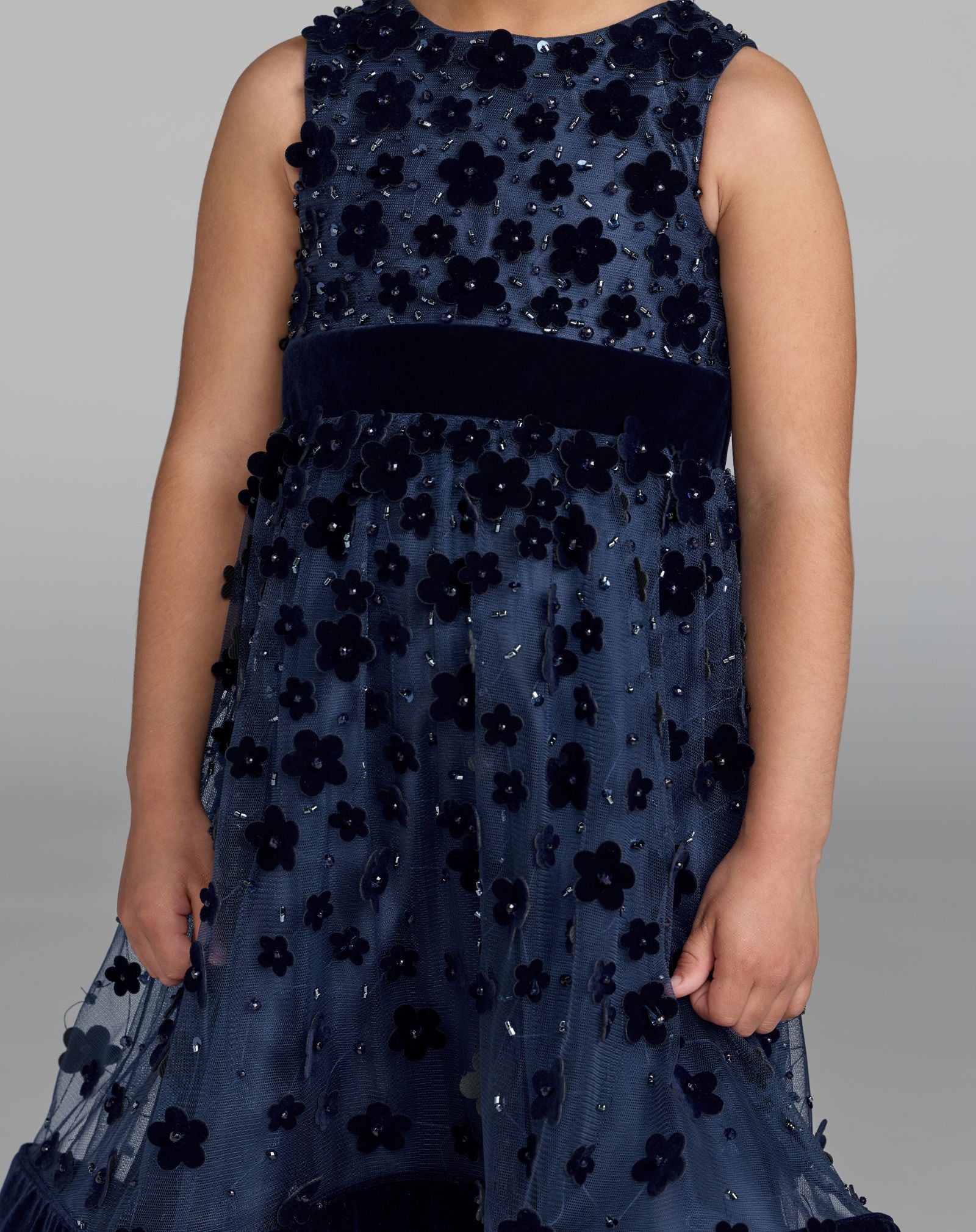 Girls Blue Embellished Floral A-Line Dress - Mac Duggal