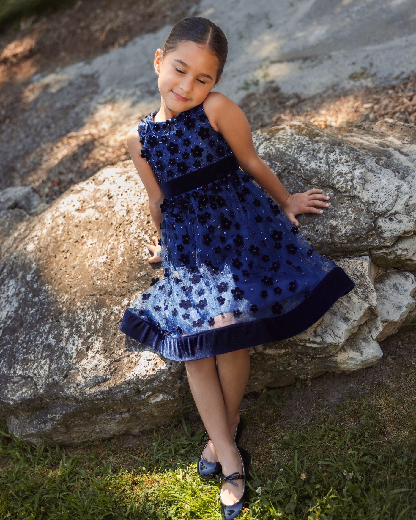 Girls Blue Embellished Floral A-Line Dress - Mac Duggal