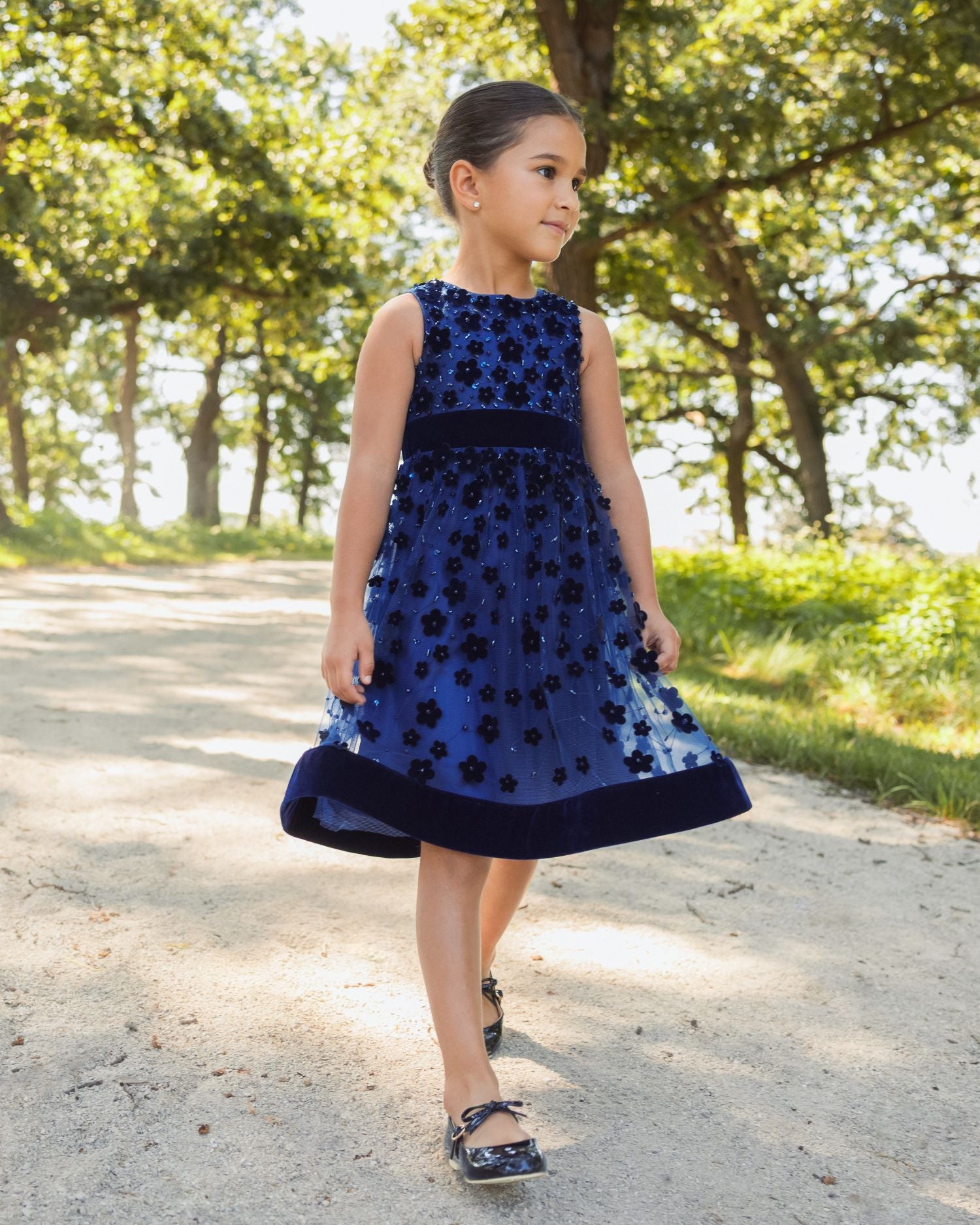 Girls Blue Embellished Floral A-Line Dress - Mac Duggal