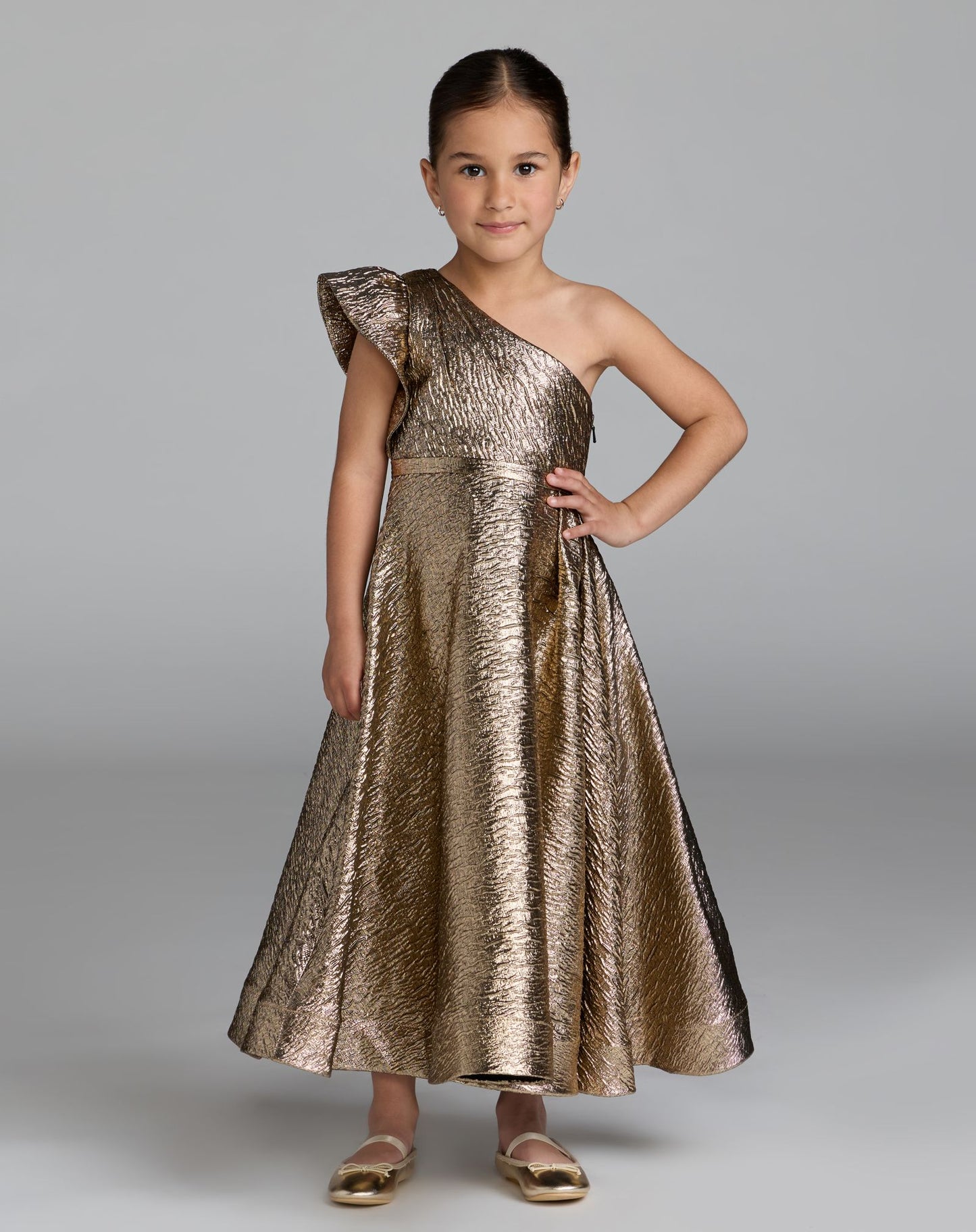 Girls Gold One Shoulder Metallic Maxi Dress - Mac Duggal