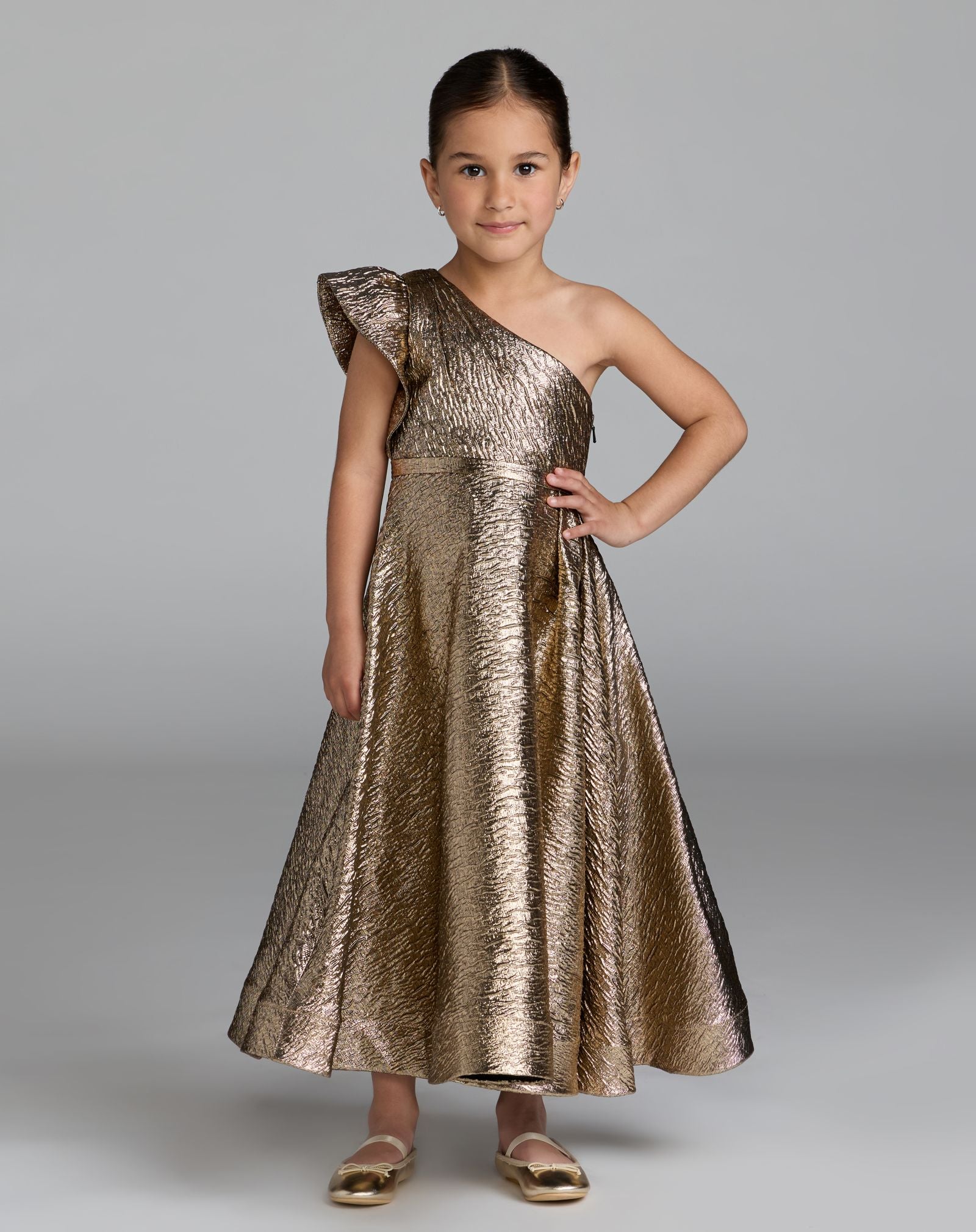 Girls Gold One Shoulder Metallic Maxi Dress - Mac Duggal