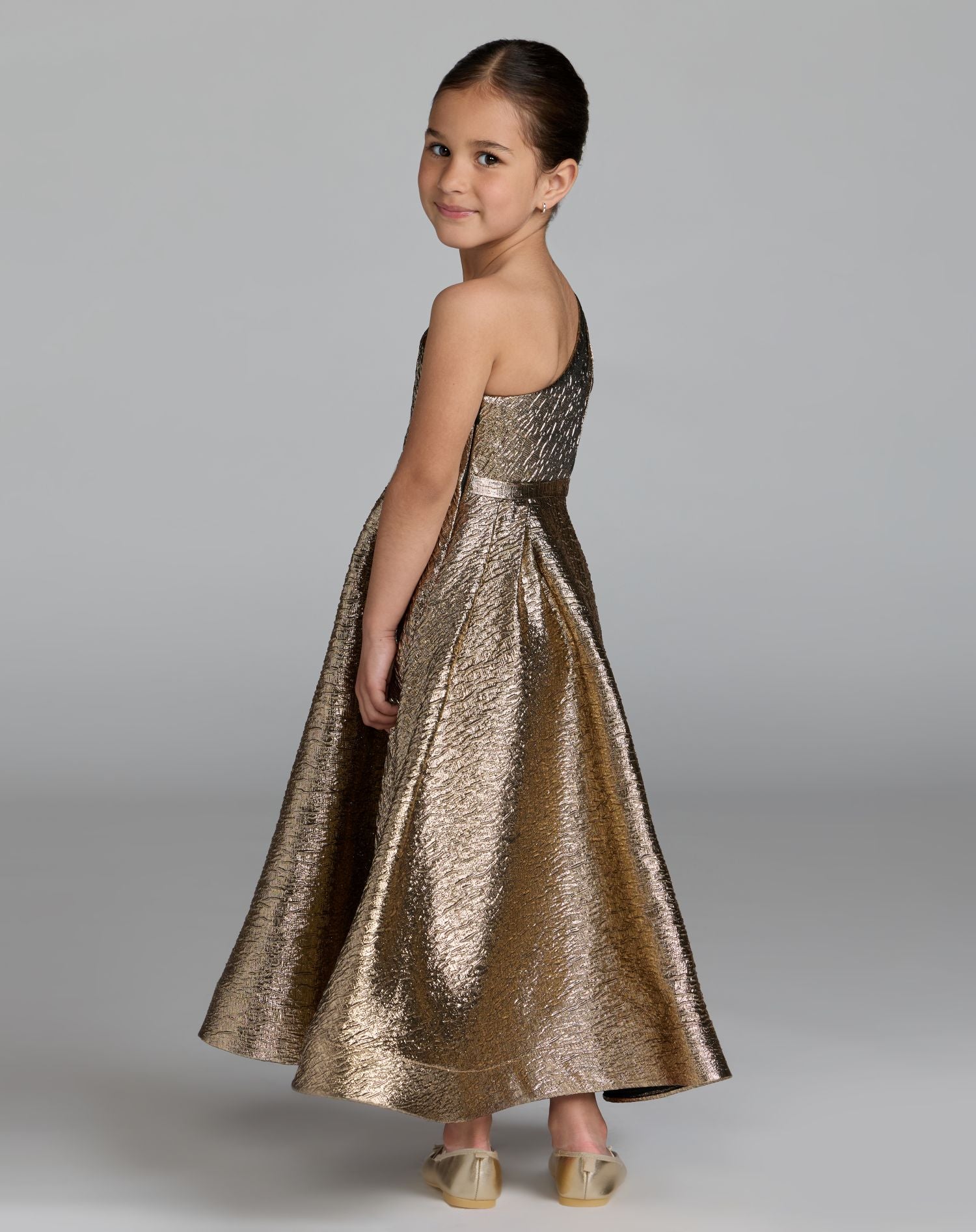 Girls Gold One Shoulder Metallic Maxi Dress - Mac Duggal