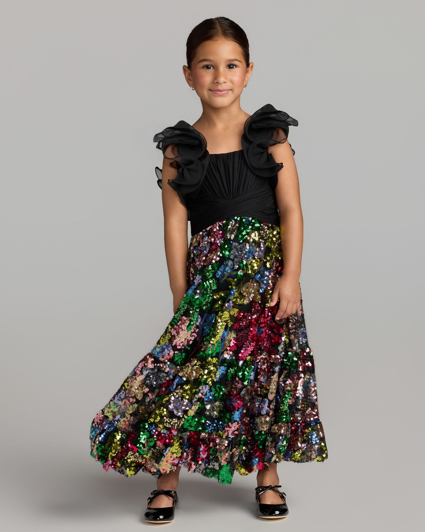 Girls Black Ruffle Sleeve Sequin Dress Mac Duggal