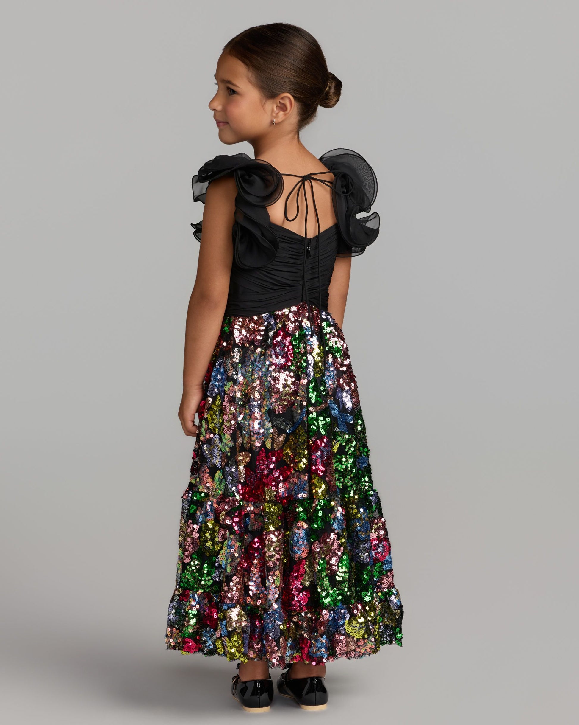 Girls Black Ruffle Sleeve Sequin Dress Mac Duggal