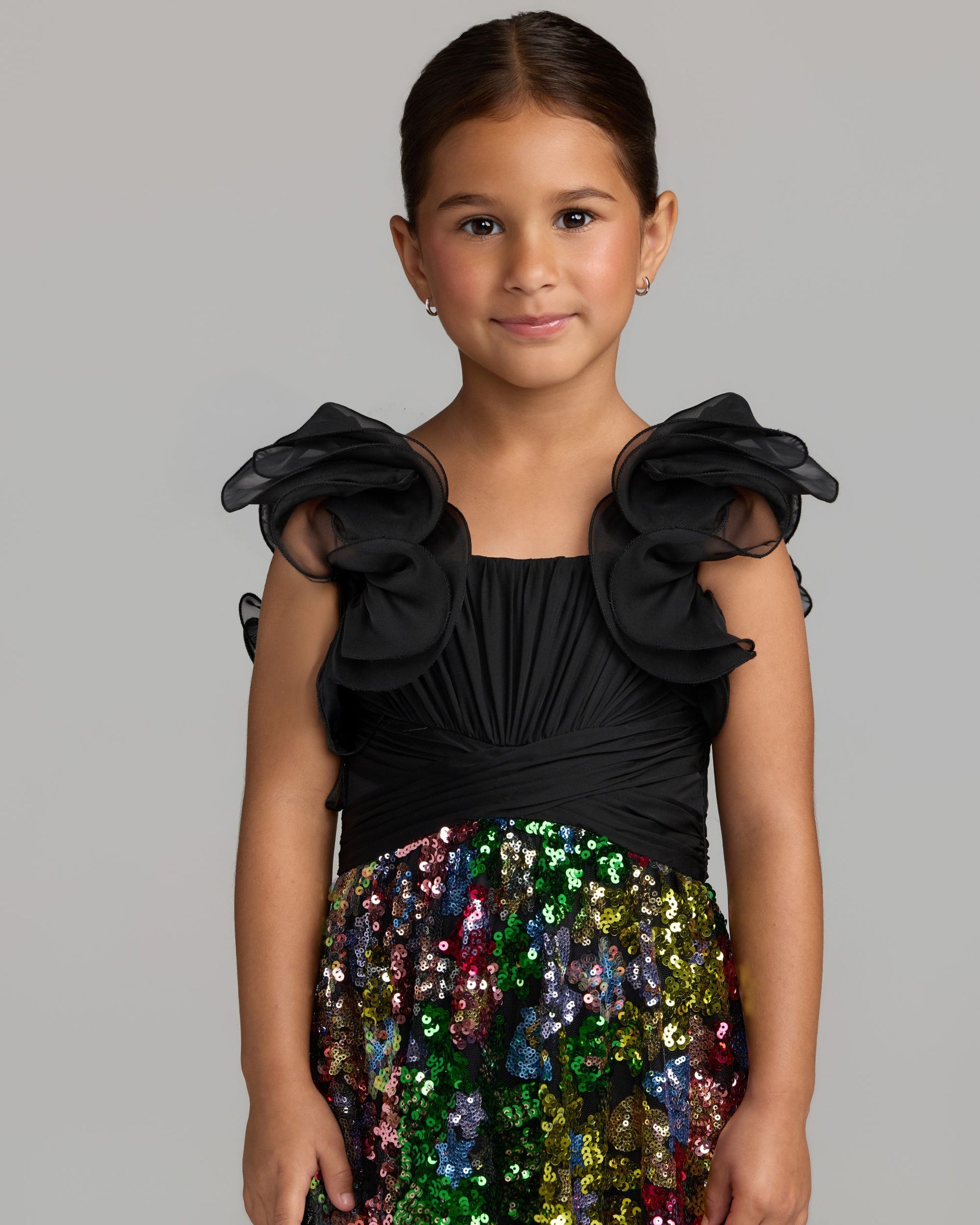 Girls Black Ruffle Sleeve Sequin Dress Mac Duggal