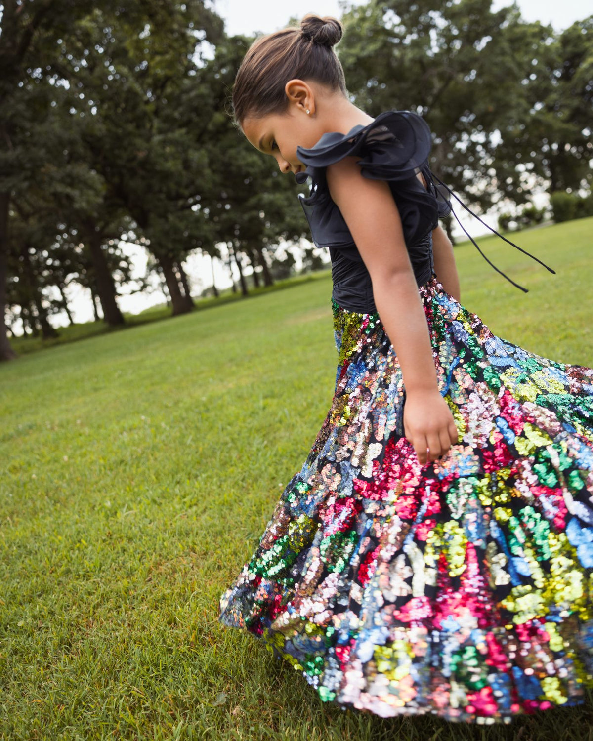 Girls Black Ruffle Sleeve Sequin Dress Mac Duggal