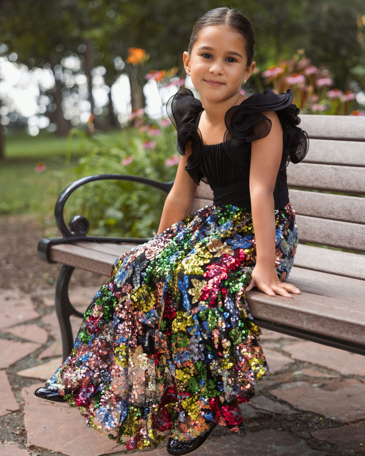 Girls Black Ruffle Sleeve Sequin Dress Mac Duggal