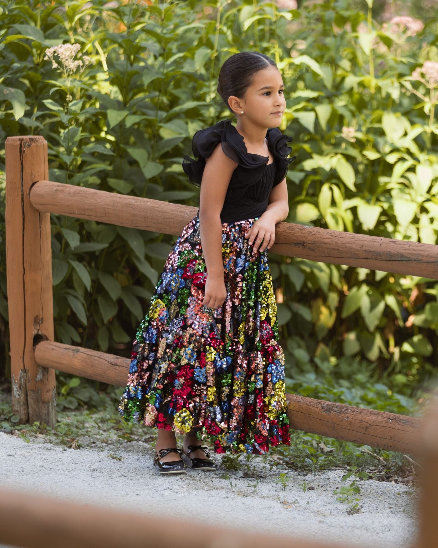 Girls Black Ruffle Sleeve Sequin Dress