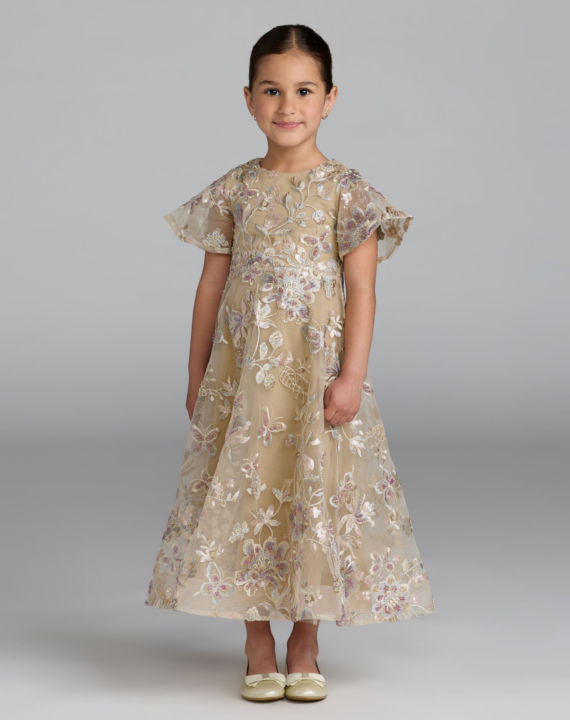 Girls Beige Floral Embroidered A-Line Midi Dress - Mac Duggal