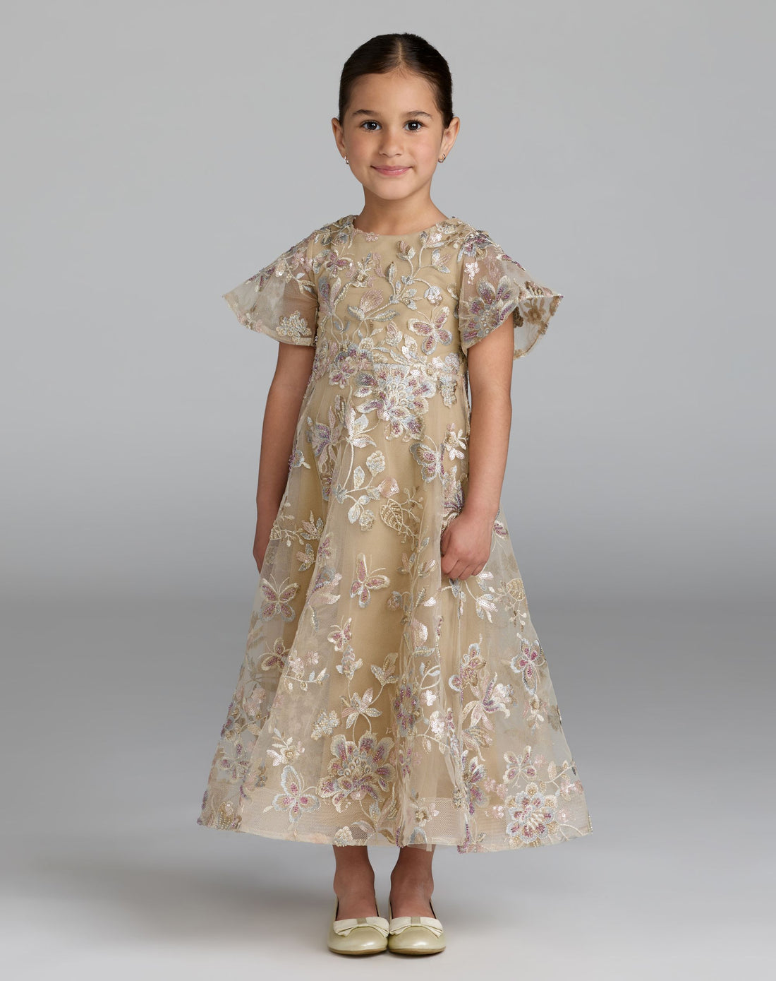 Girls Beige Floral Embroidered A-Line Midi Dress - Mac Duggal