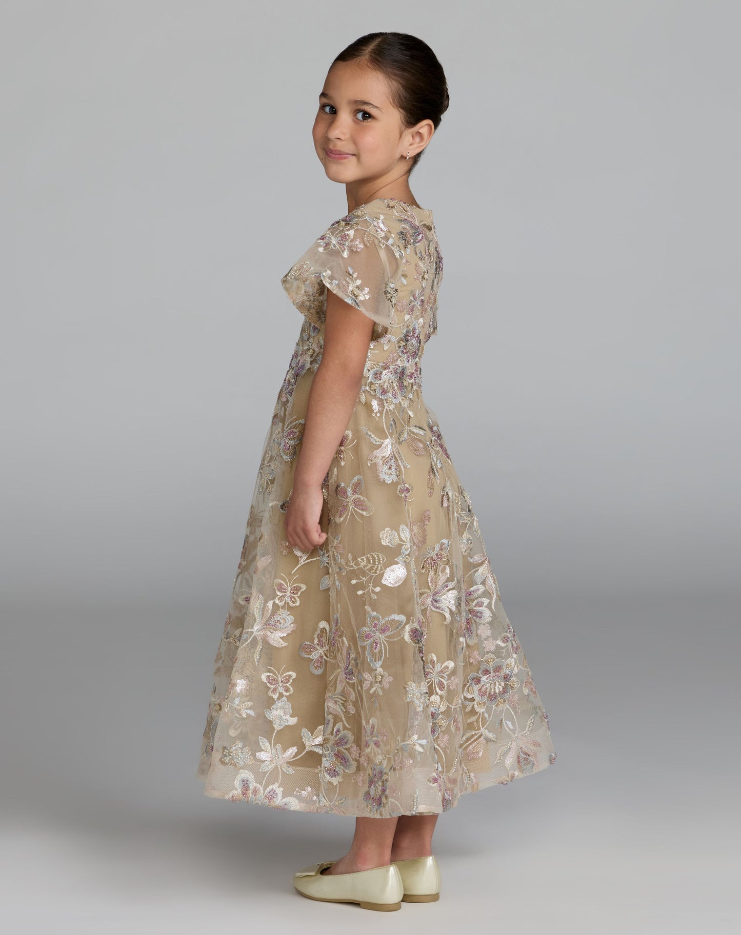 Girls Beige Floral Embroidered A-Line Midi Dress - Mac Duggal