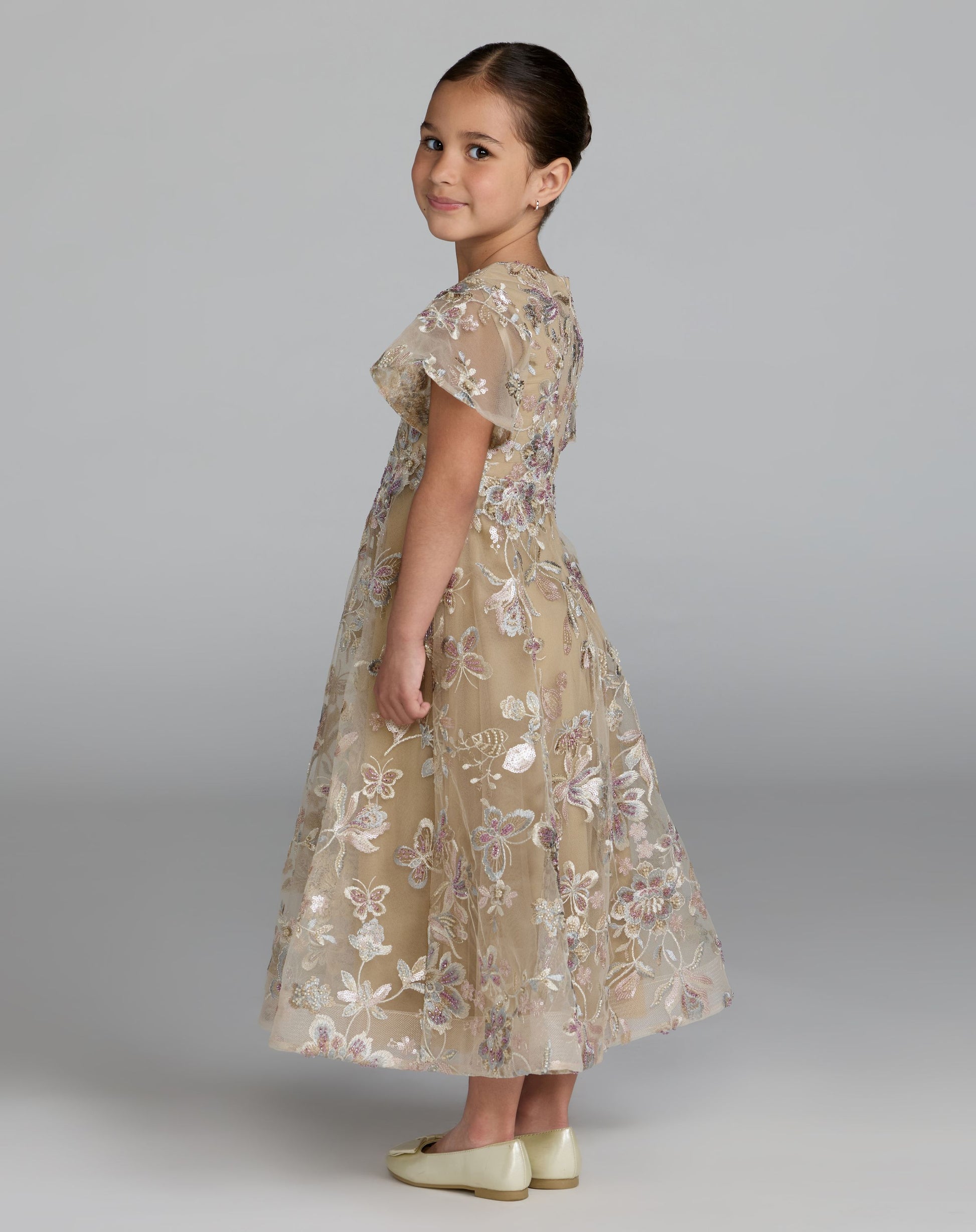 Girls Beige Floral Embroidered A-Line Midi Dress - Mac Duggal