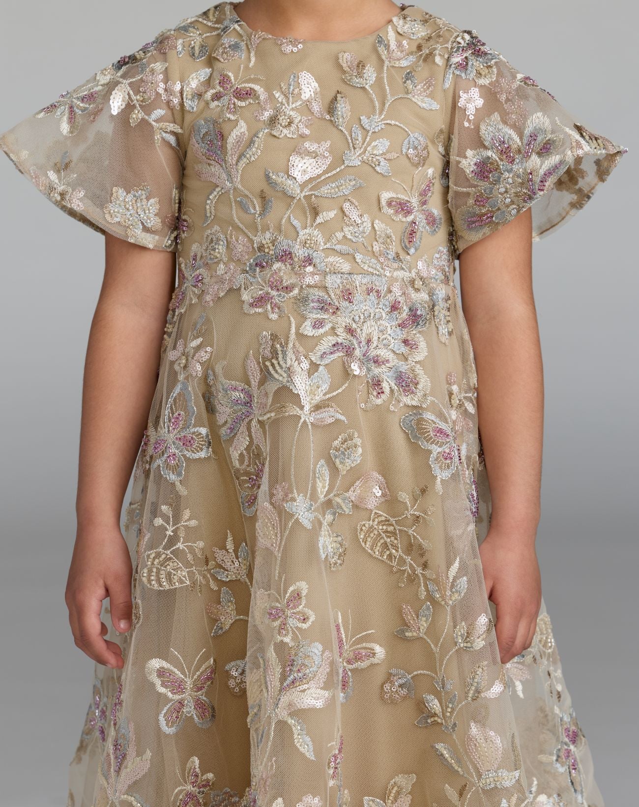 Girls Beige Floral Embroidered A-Line Midi Dress - Mac Duggal