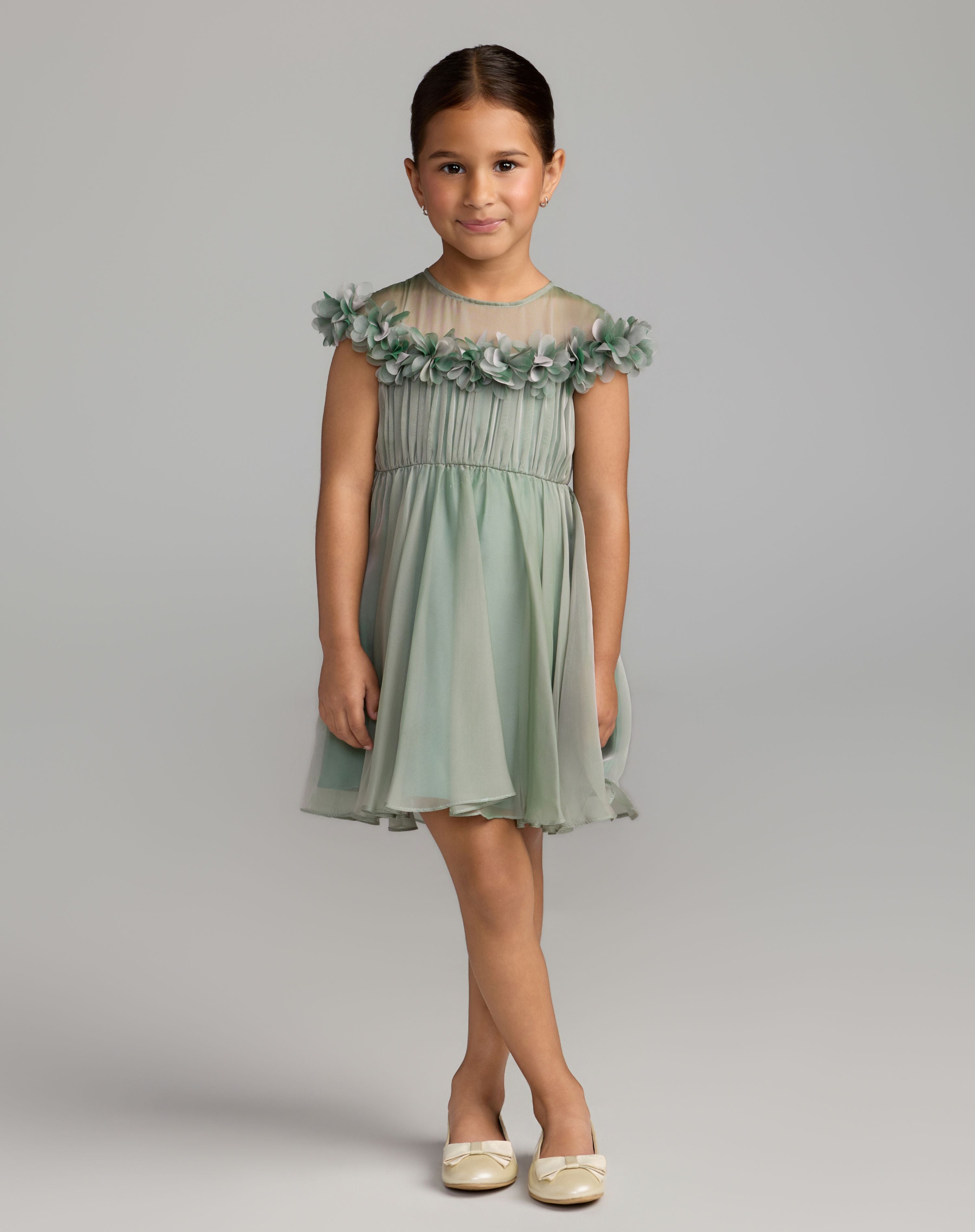 Girls Sage Midi Dress With 3D Flowers - Mac Duggal