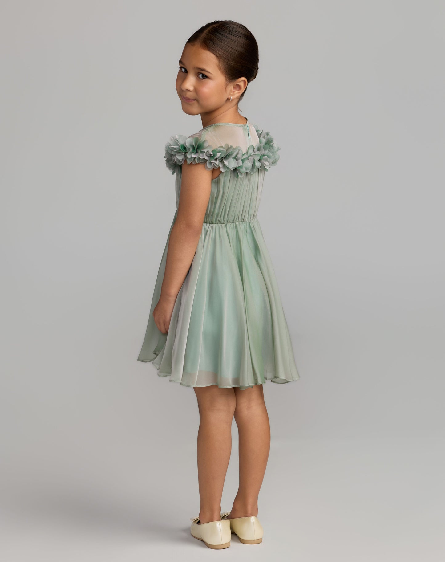 Girls Sage Midi Dress With 3D Flowers - Mac Duggal