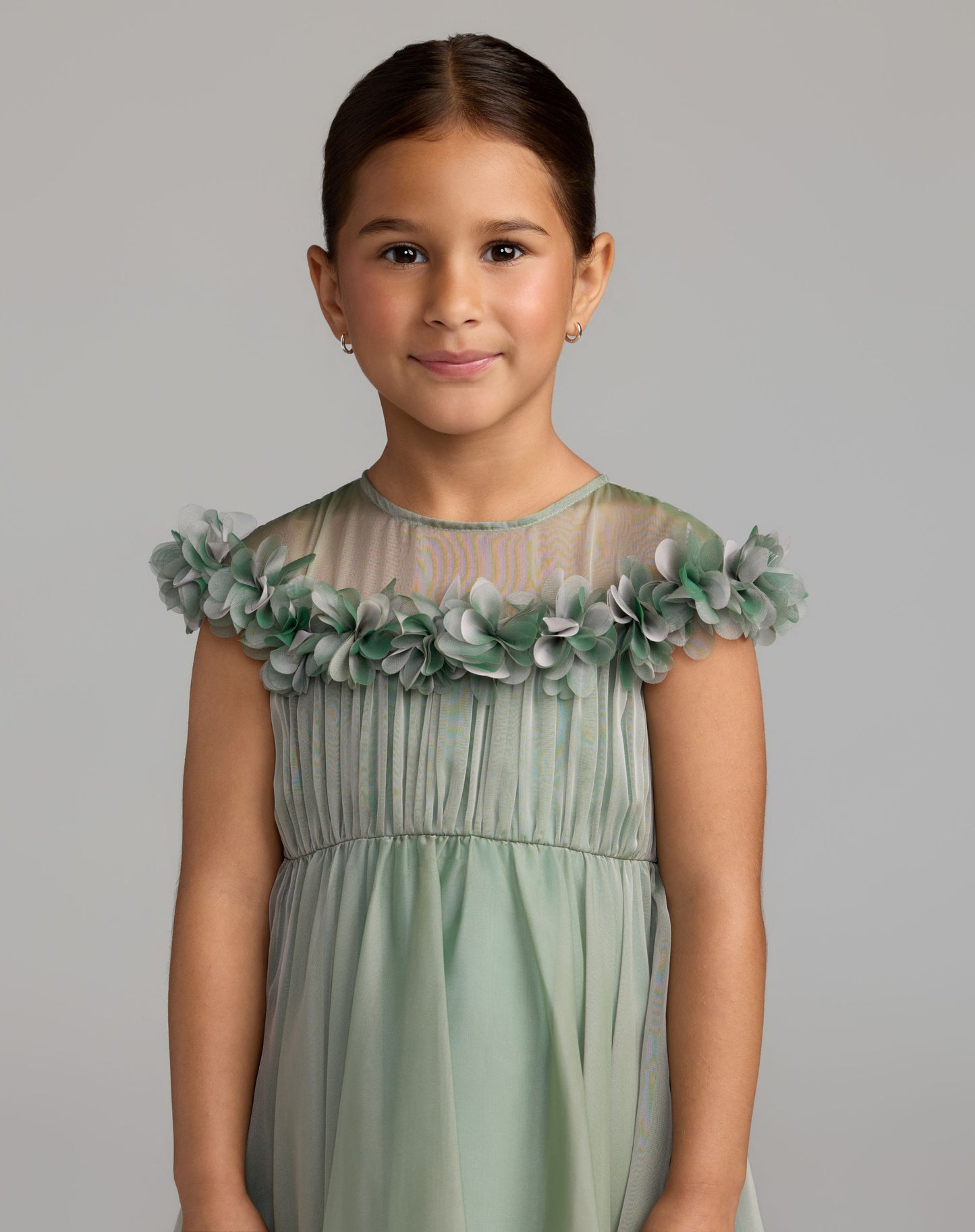Girls Sage Midi Dress With 3D Flowers - Mac Duggal