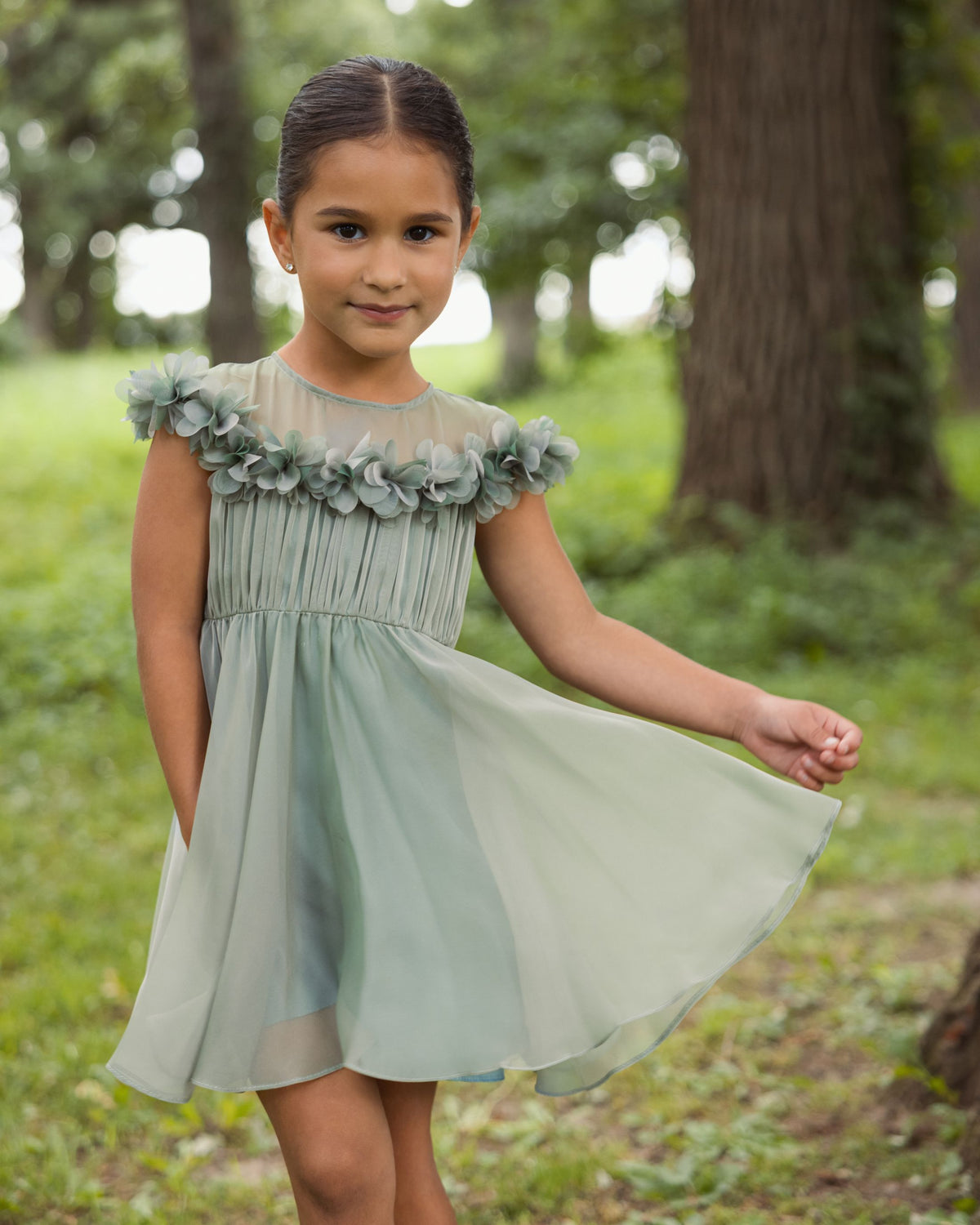 Girls Sage Midi Dress With 3D Flowers - Mac Duggal