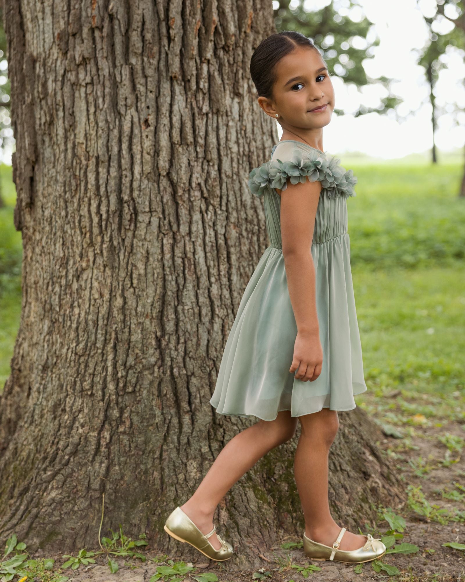 Girls Sage Midi Dress With 3D Flowers - Mac Duggal