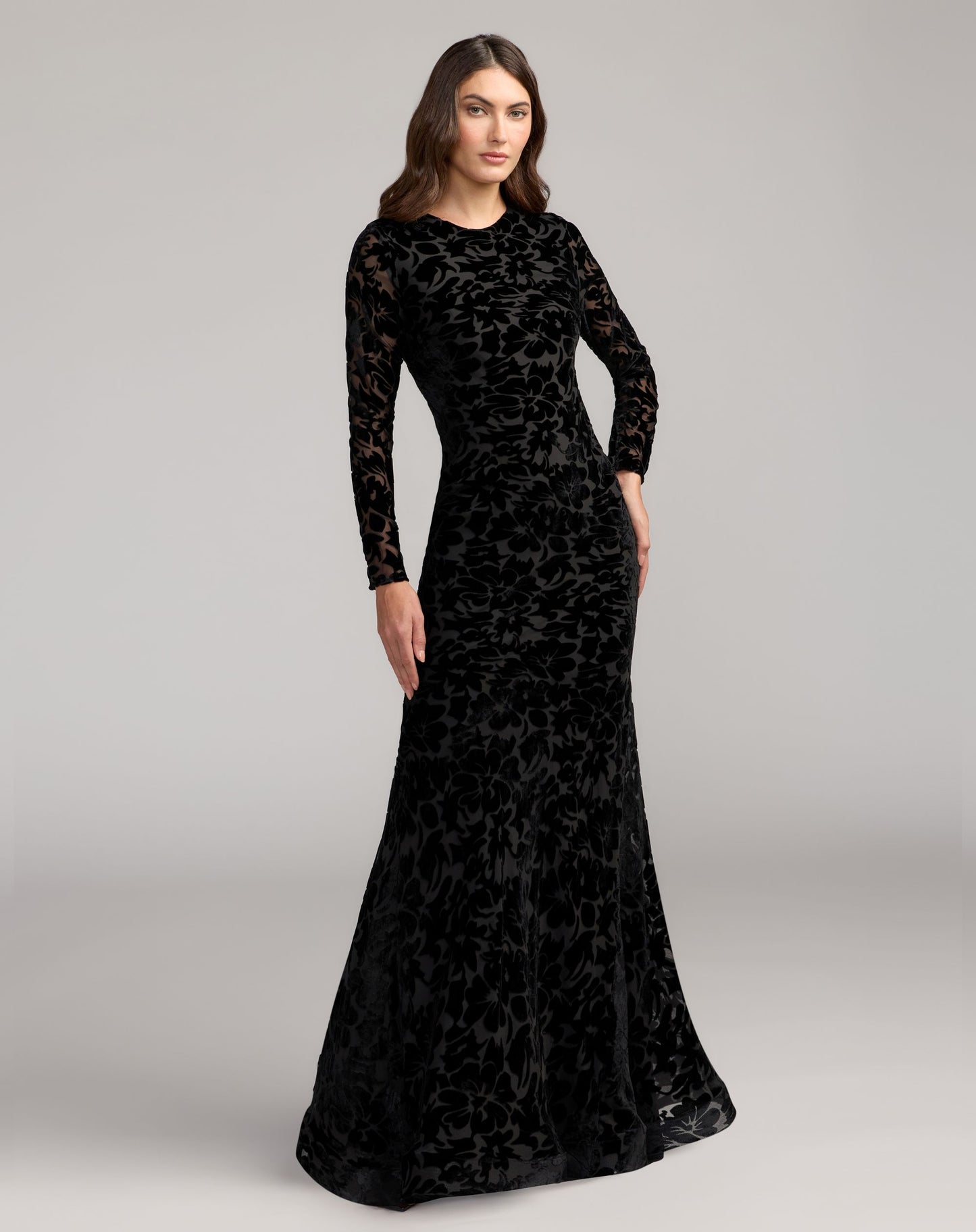 Black High Neck Long Sleeve Floral Velvet Gown - Ieena for Mac Duggal