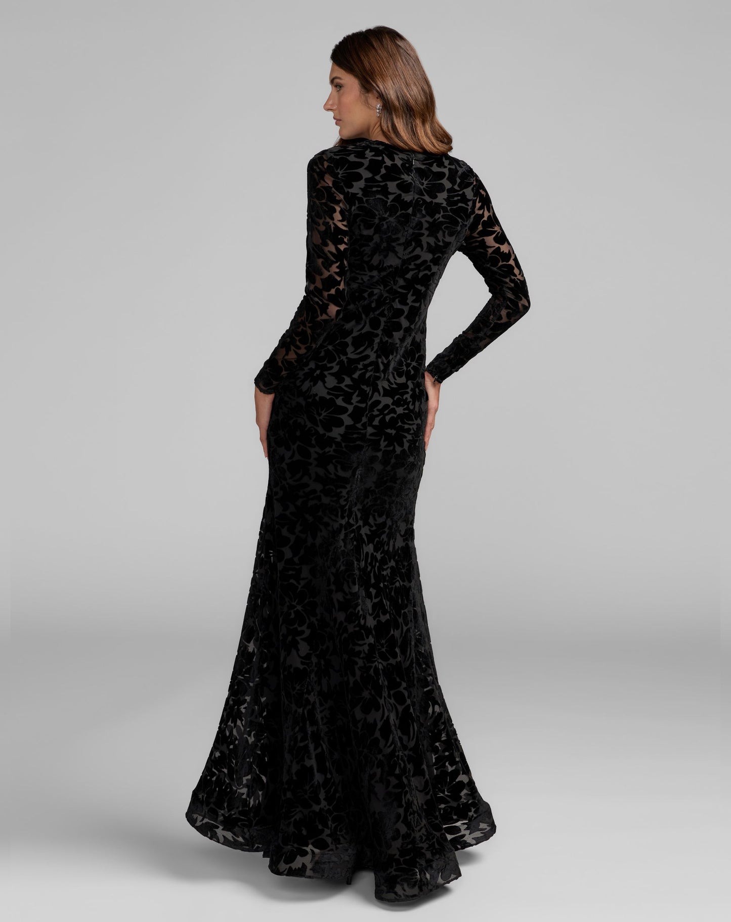 Black High Neck Long Sleeve Floral Velvet Gown - Ieena for Mac Duggal