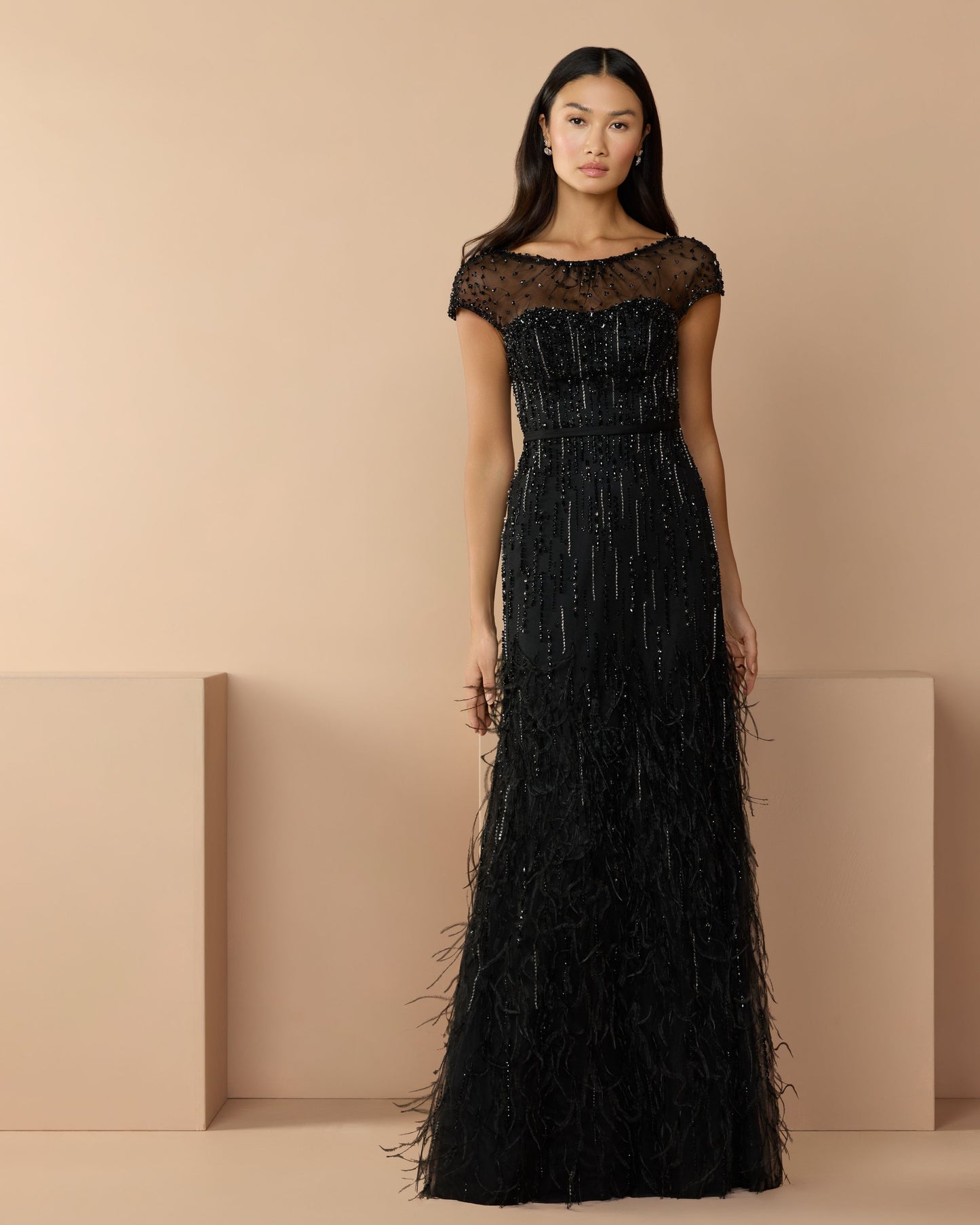 Black Rhinestone Embellished Illusion Neck Feather Gown - Mac Duggal