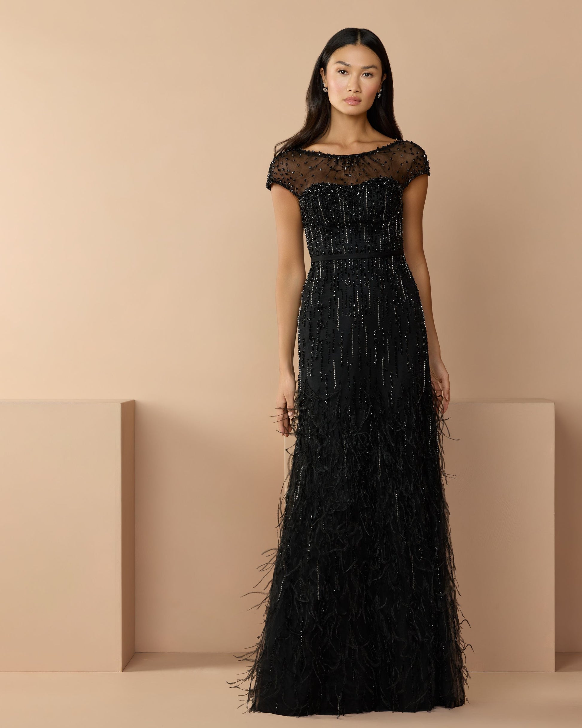 Black Rhinestone Embellished Illusion Neck Feather Gown - Mac Duggal