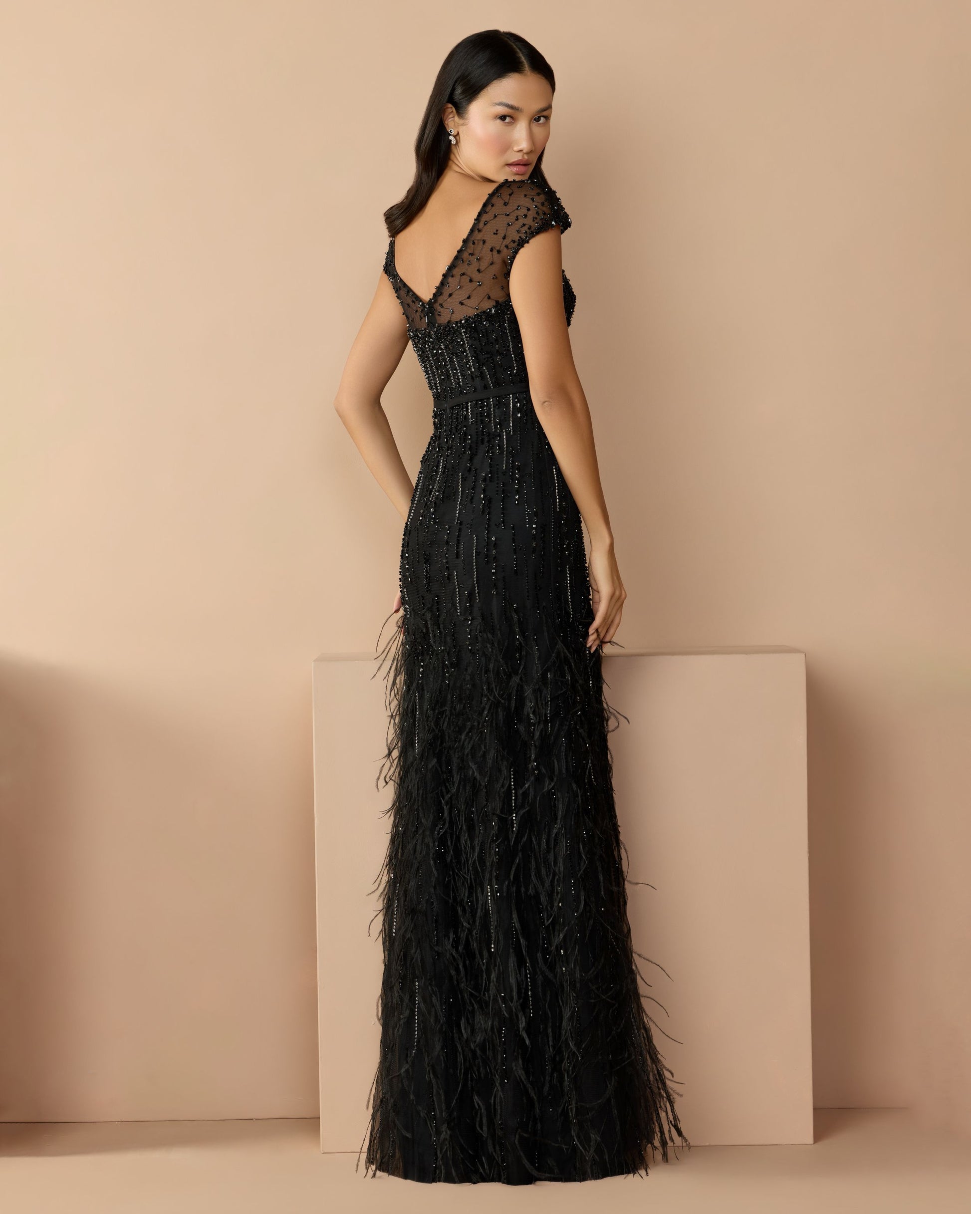 Black Rhinestone Embellished Illusion Neck Feather Gown - Mac Duggal