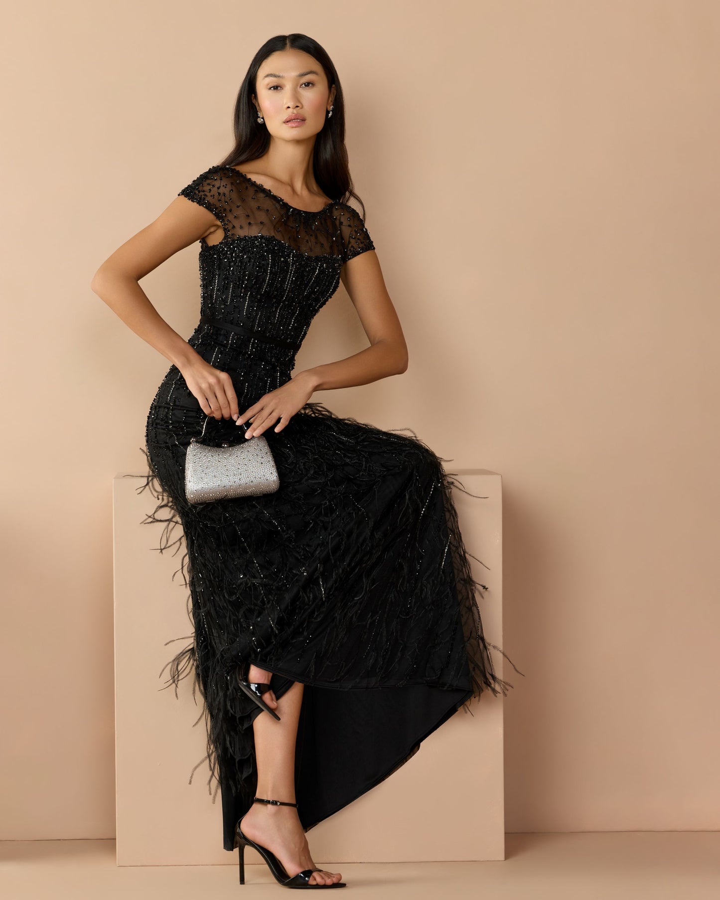 Black Rhinestone Embellished Illusion Neck Feather Gown - Mac Duggal