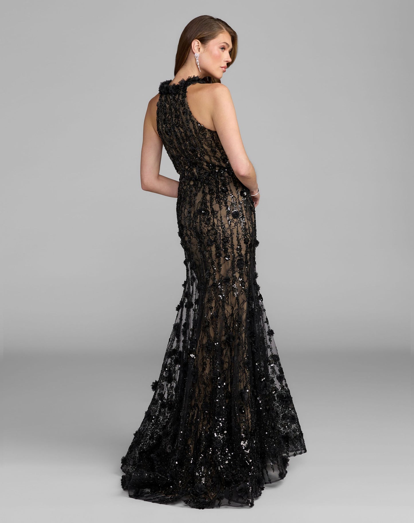 Black Embellished Lace Sleeveless Halter Neck Gown - Mac Duggal