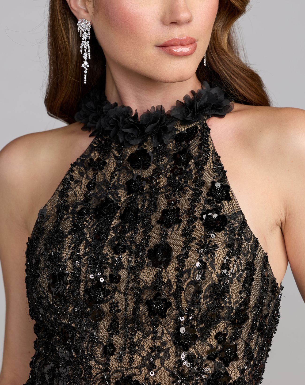 Black Embellished Lace Sleeveless Halter Neck Gown - Mac Duggal