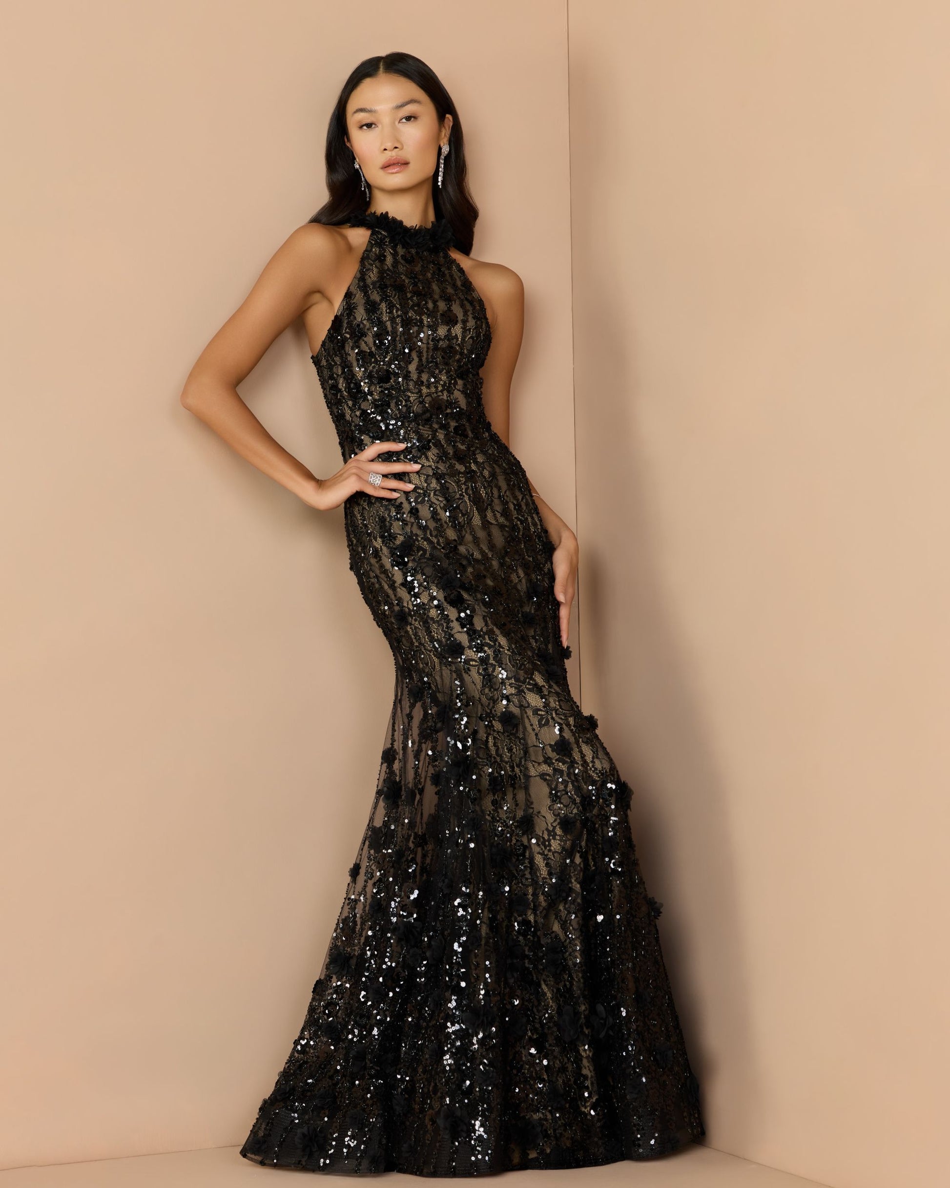 Black Embellished Lace Sleeveless Halter Neck Gown - Mac Duggal