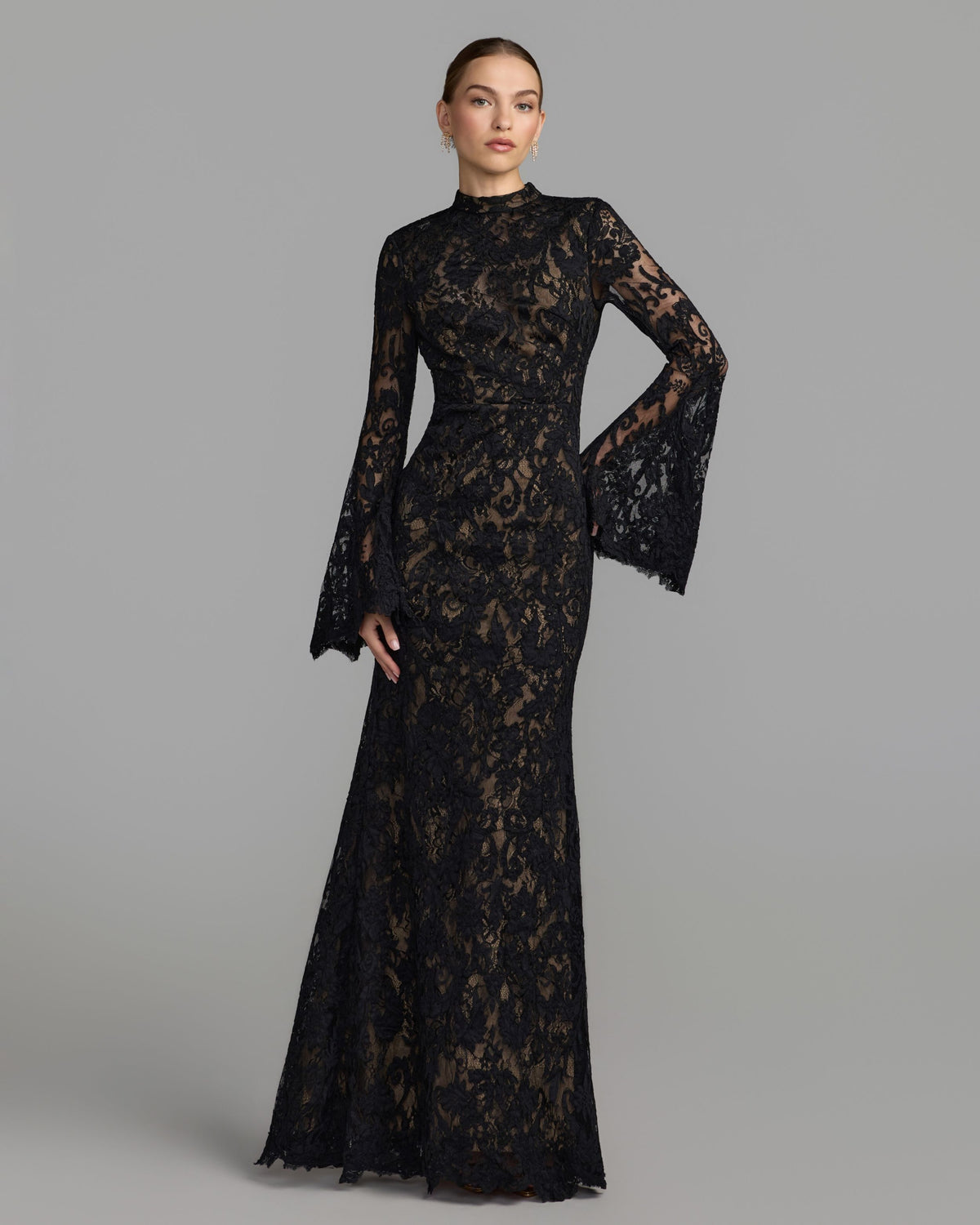Black Nude Mock Neck Long Sleeve Lace Gown - Ieena for Mac Duggal